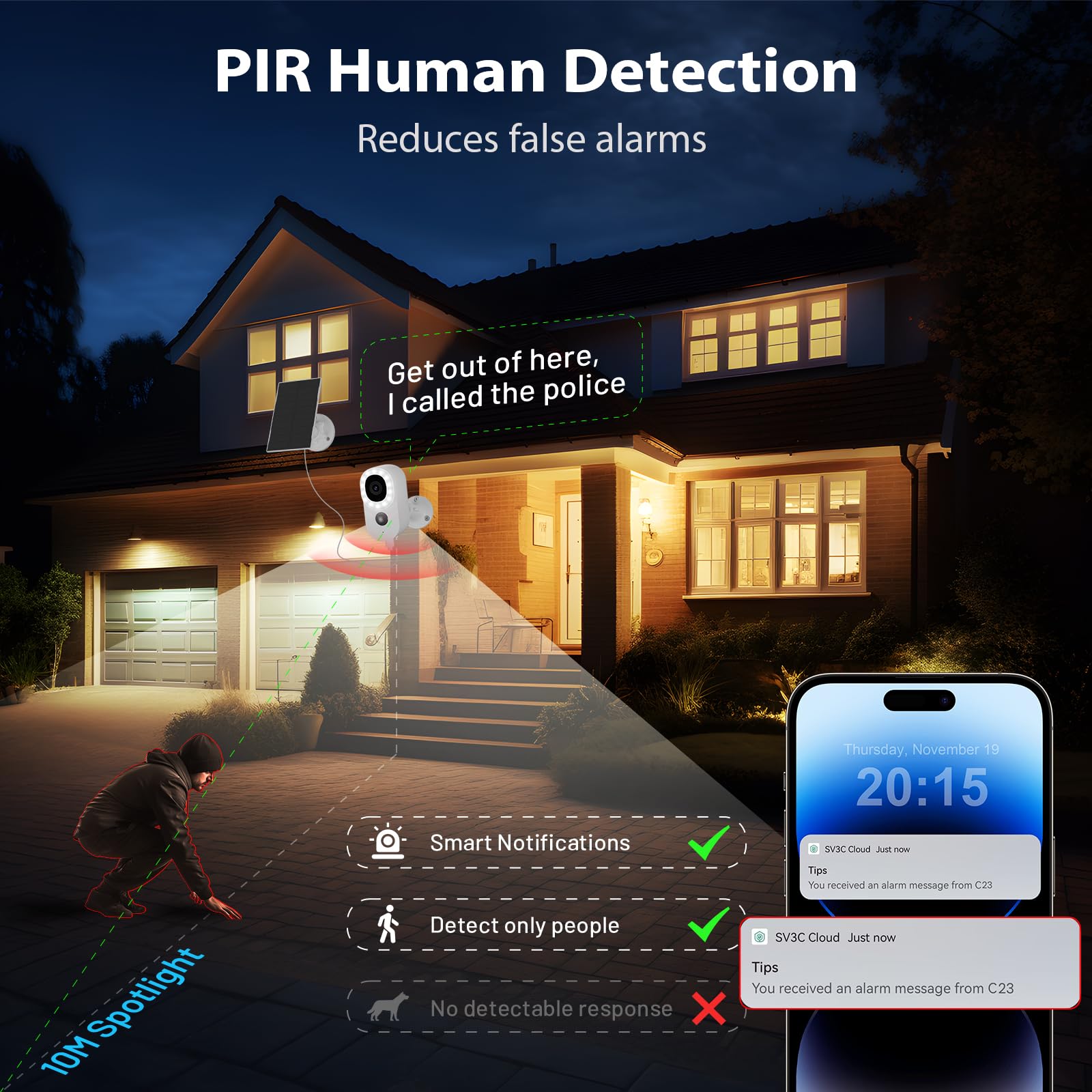 2 Pack SV3C 2K Solar Security Cameras Wireless Outdoor, 2.4G WiFi Battery Powered Home Security Camera with 14 Spotlight Color Night Vision, 110° Wide View Angle, PIR Human Detection, 2-Way Audio, Cloud & SD Card Storage - Ideal for Home, Yard, Garage, and Property Surveillance