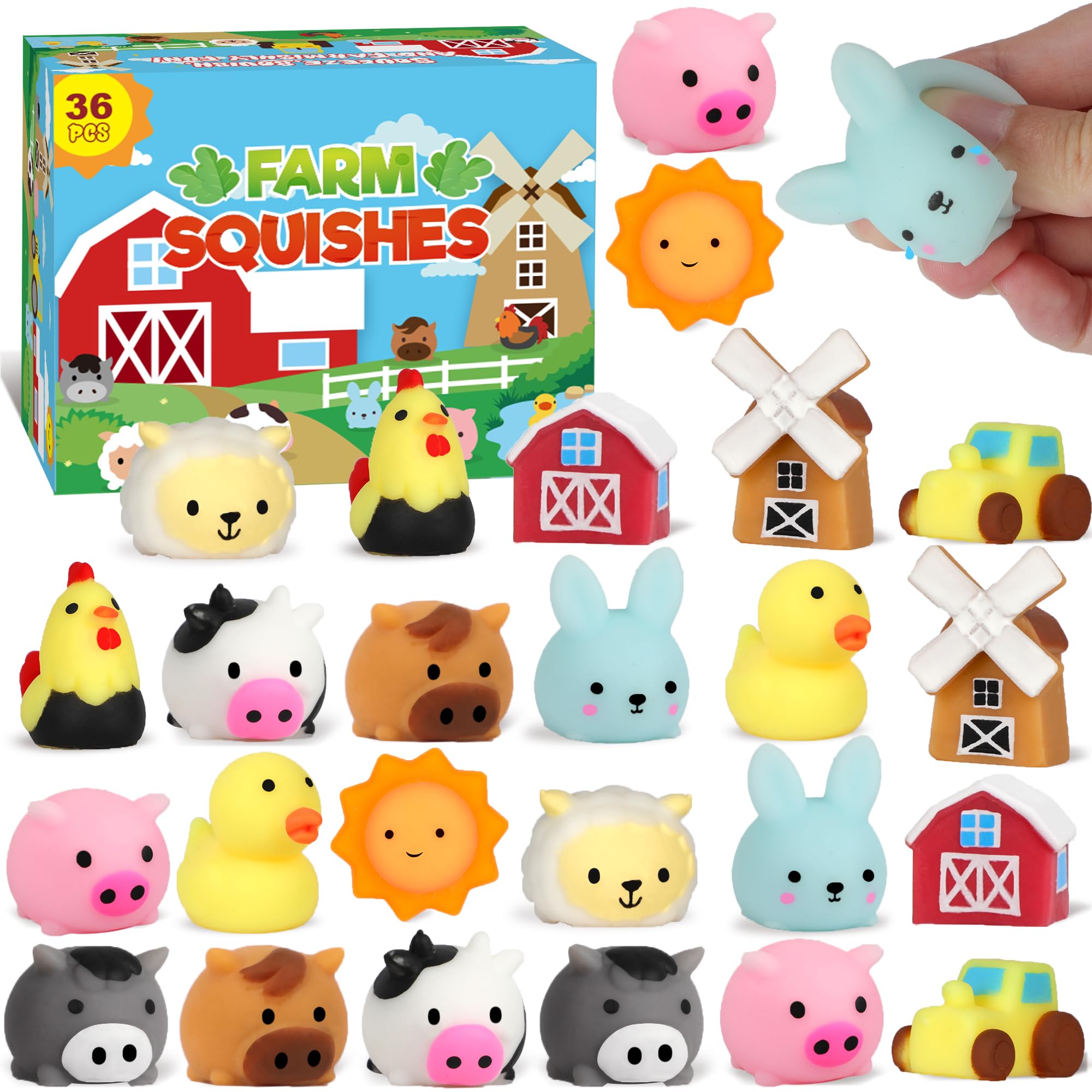 36 PCS Farm Animal Mochi Squishy Toys - Soft Stress Relief Toys for Kids, Party Favors, Sensory Play & Classroom Rewards - Perfect for Birthday Gifts, Goodie Bags & Anxiety Relief