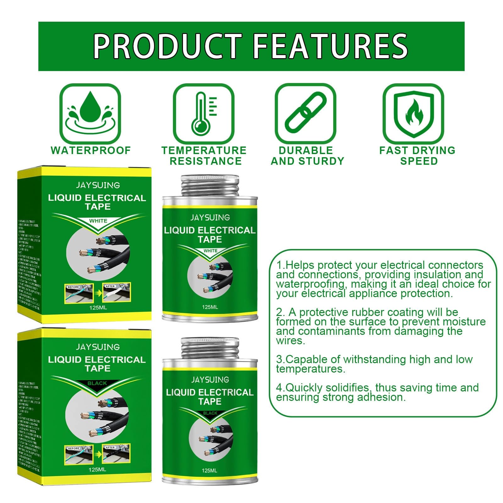 4.2 OZ (125ML) Black Liquid Electrical Tape – Waterproof, Fast Drying, High Temp Resistant – DIY Electrical Insulation for Wires, Cables & Repairs – Perfect for Home, Automotive & Industrial Use