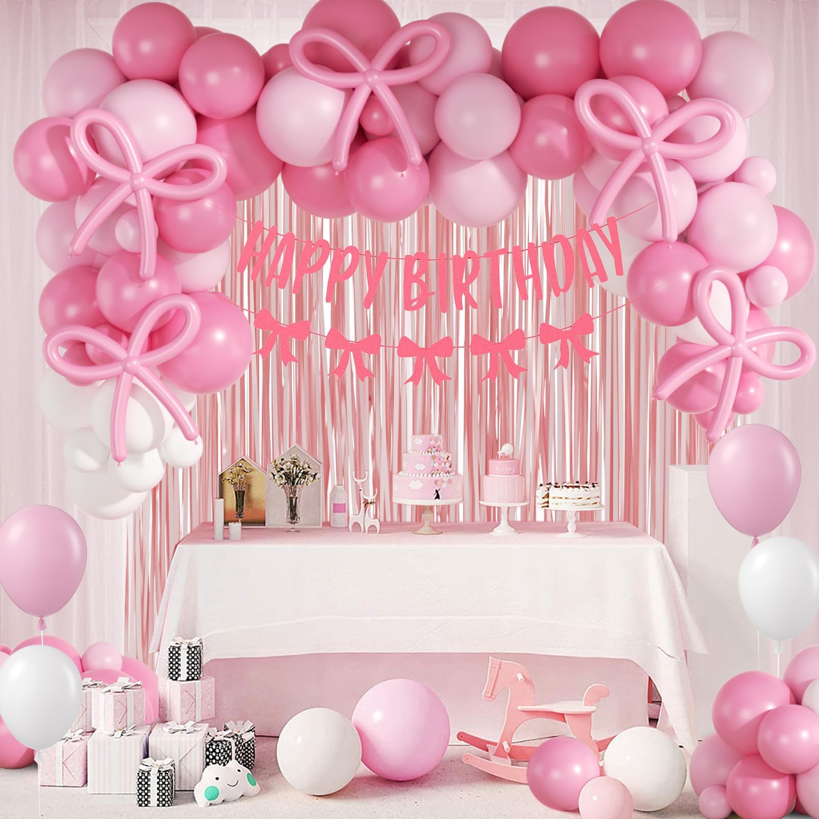 Elegant Pink Bow Birthday Decorations for Women - Light Pink Balloons, Fringe Curtains & Happy Birthday Banner | Perfect for Bow-Themed Coquette Parties, Bridal Showers & Adult Birthday Celebrations
