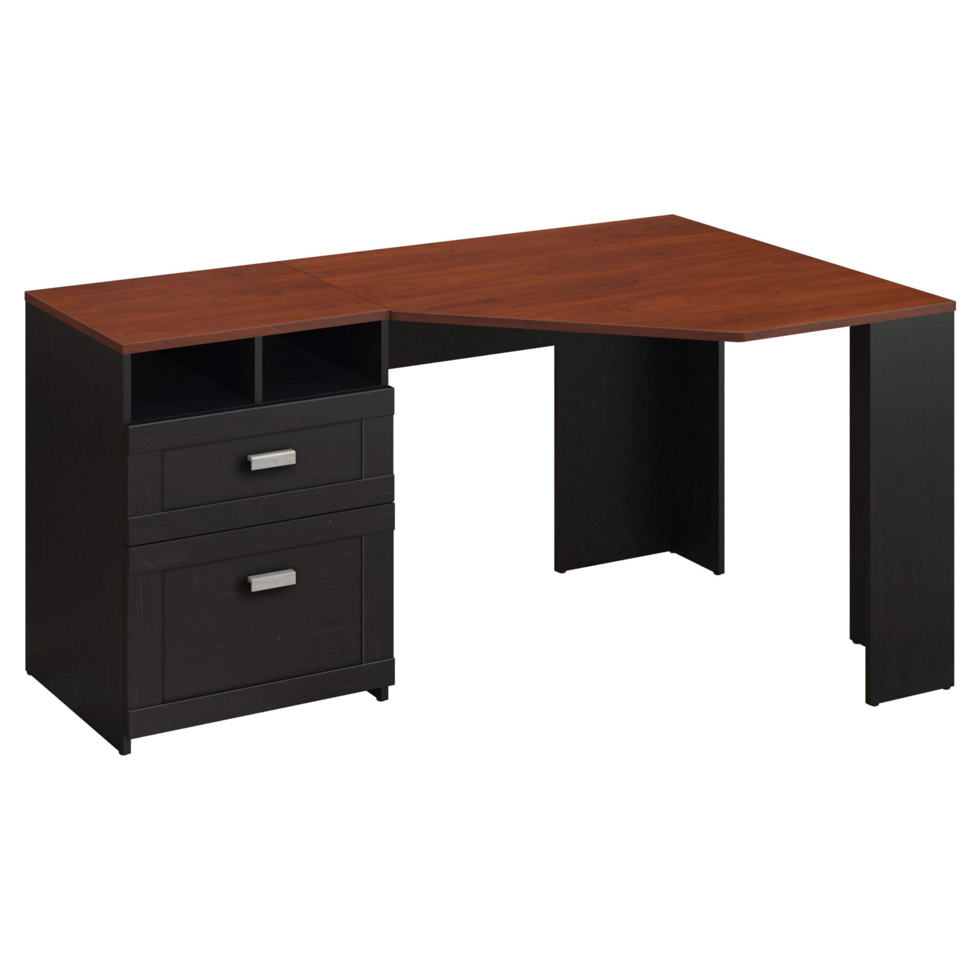 Bush Furniture Wheaton Corner Desk - Antique Black & Hansen Cherry Finish, Small Home Office Desk with Storage Shelf | Perfect for Home Offices, Study Rooms & Small Spaces
