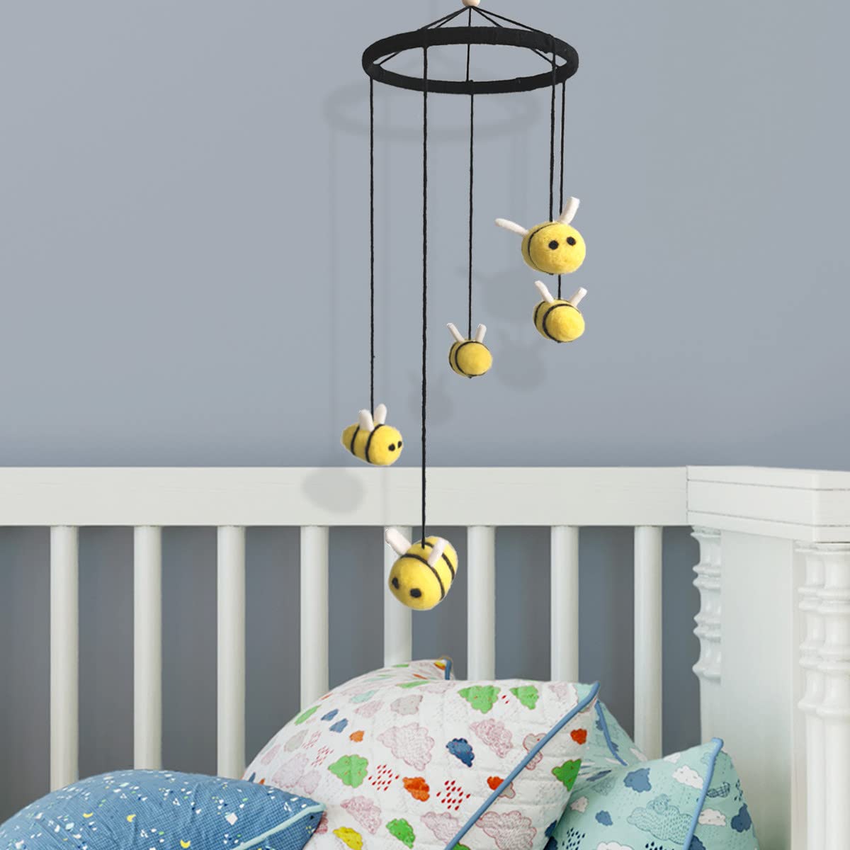 Adorable Baby Crib Mobile - Honeybee & Cloud Wooden Wind Chime with Wool Felt Pendants | Nursery Ceiling Decor for Boys & Girls | Perfect for Newborn Gifts & Toddler Bedroom Decorations