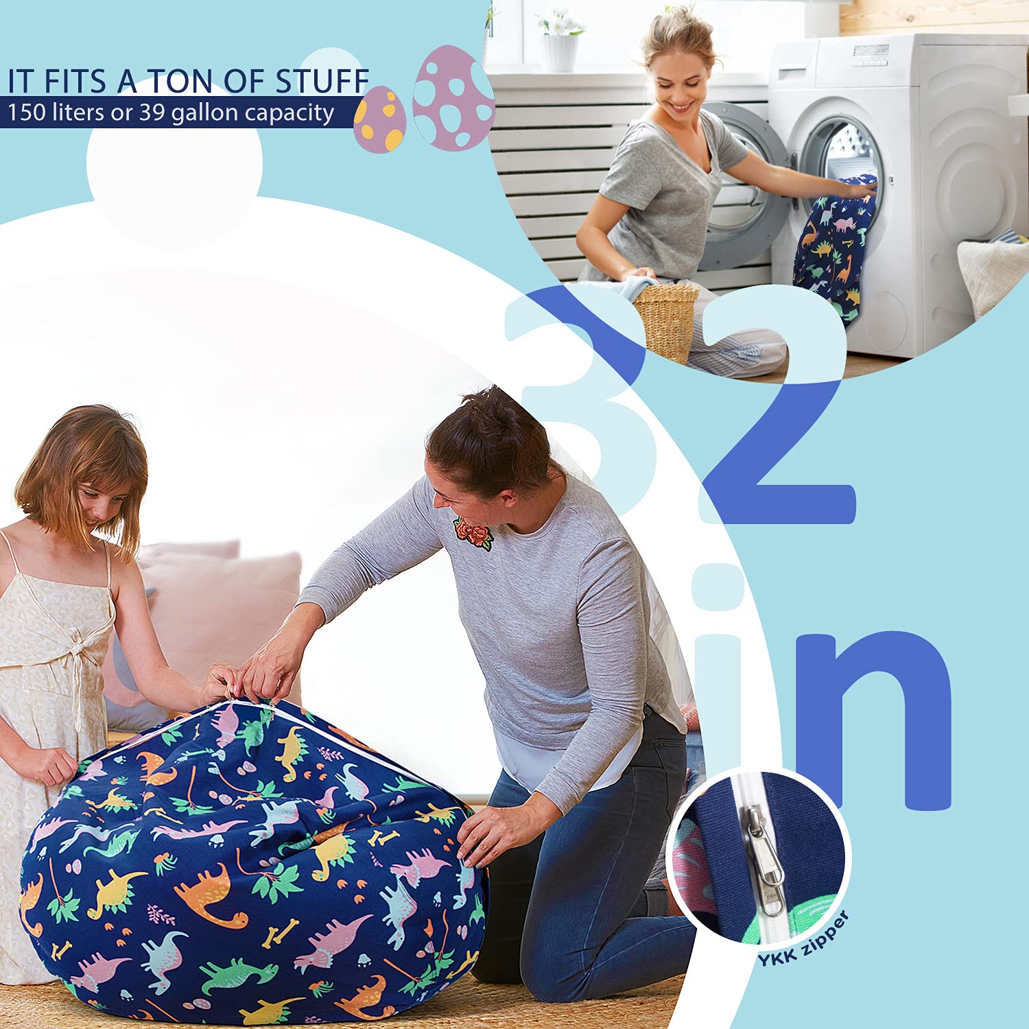 Dinosaur Stuffed Animal Storage Bean Bag Chair Cover for Kids - Organize Toddler & Kids' Room Toys | Plush Toy Organizer for Playroom, Bedroom & Nursery