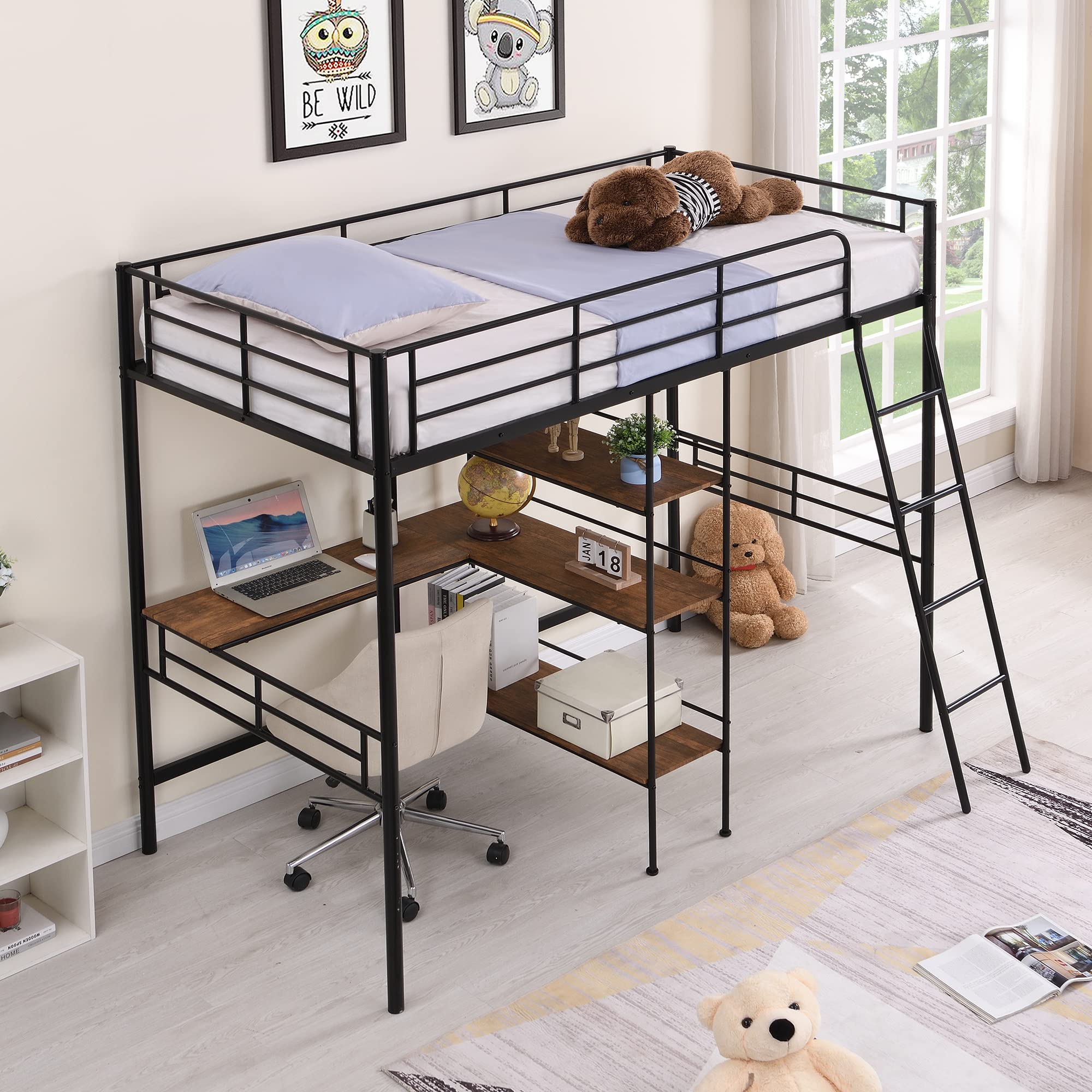 Twin Size Loft Bed with Built-in Desk & 3-Tier Shelves - Under-Bed Workstation, Metal Bed Frame with Ladder & Guardrails - Space Saving Bedroom Furniture for Small Rooms, Dorms & Apartments (Black)
