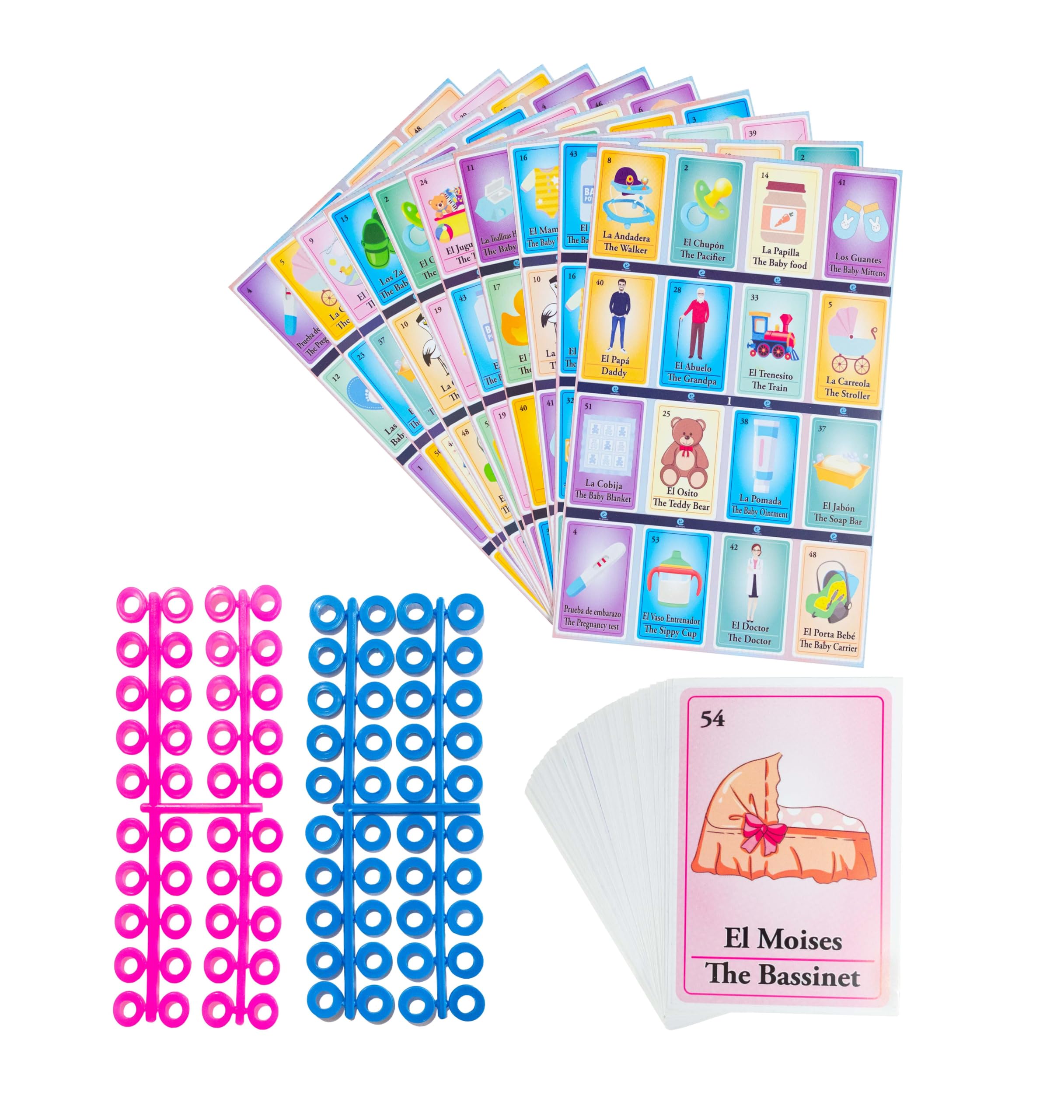 Baby Shower Bingo Game Set - Bilingual English & Spanish for 10 Players - Includes 1 Card Deck & 10 Boards - Family Fun Game - Learn Spanish While Playing - Perfect for Baby Showers, Birthday Parties & Family Game Nights