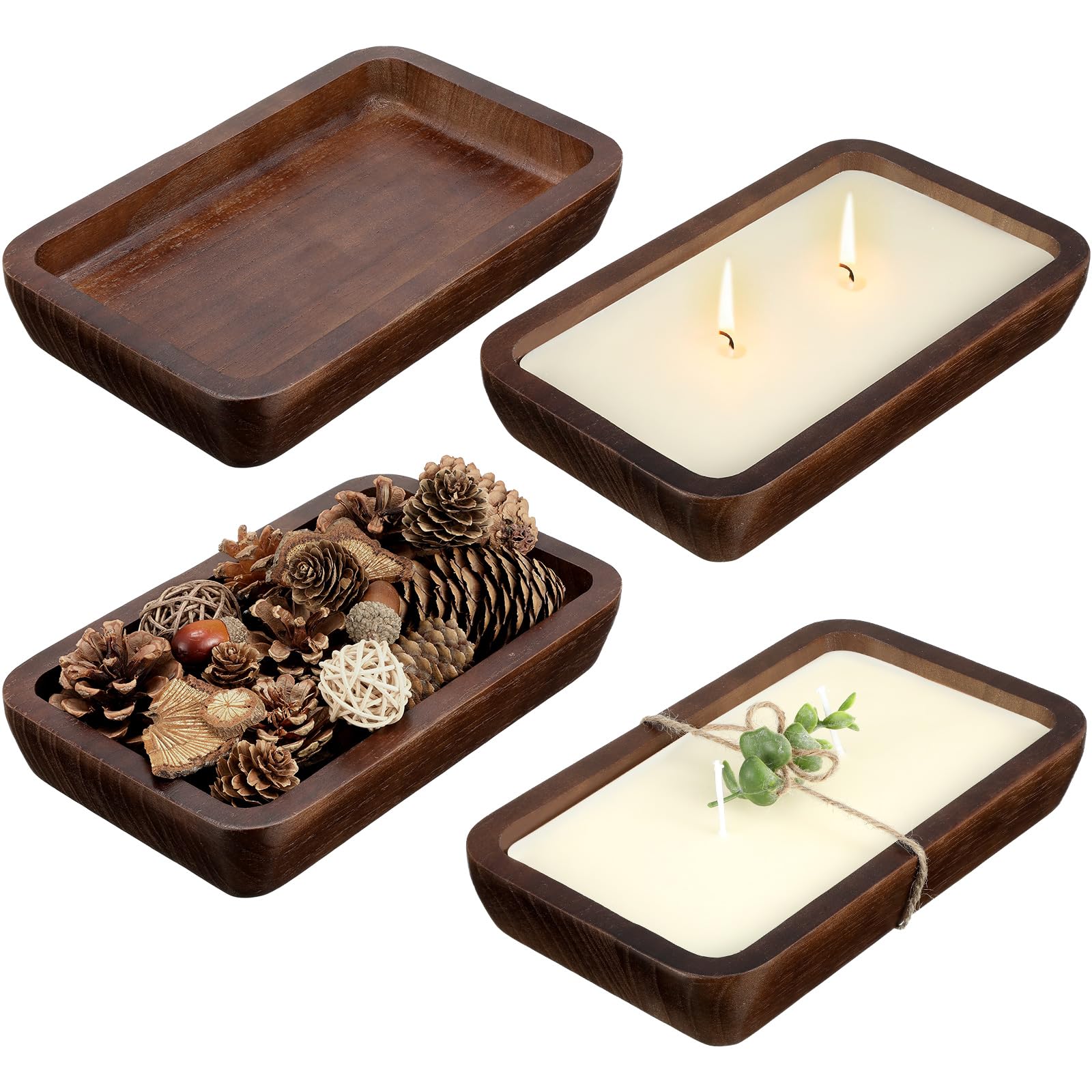 4 Pcs Hand Carved Wooden Candle Bowls - Rustic Square Tray for DIY Candles, Charcuterie, Sushi & Home Decor | Paulownia Wood Dough Board for Dining, Kitchen & Winter Decorations