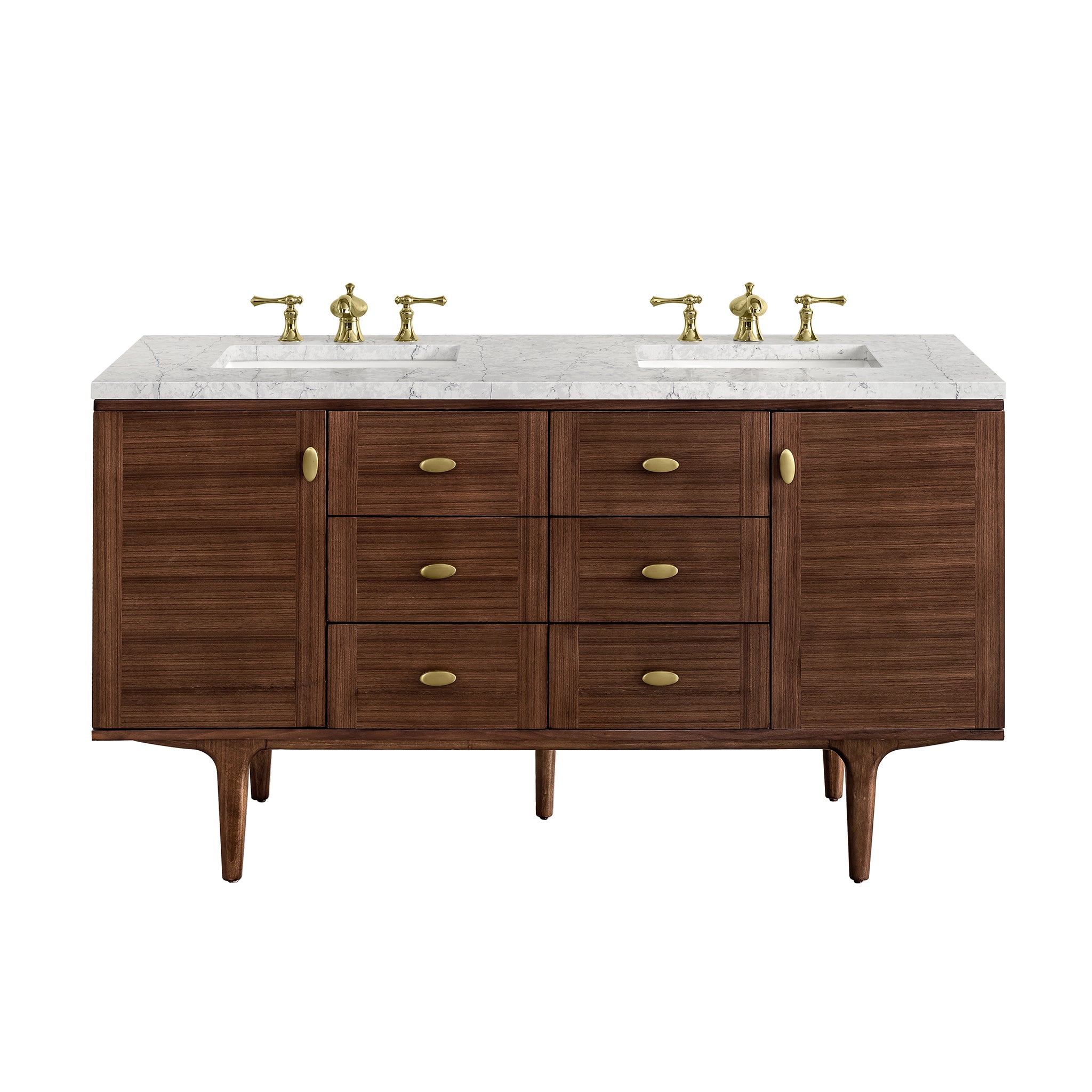 Amberly 60 Inch Double Bathroom Vanity with 3CM Eternal Jasmine Pearl Top - Mid Century Modern Walnut Design for Master Bathroom or Guest Bath Remodel