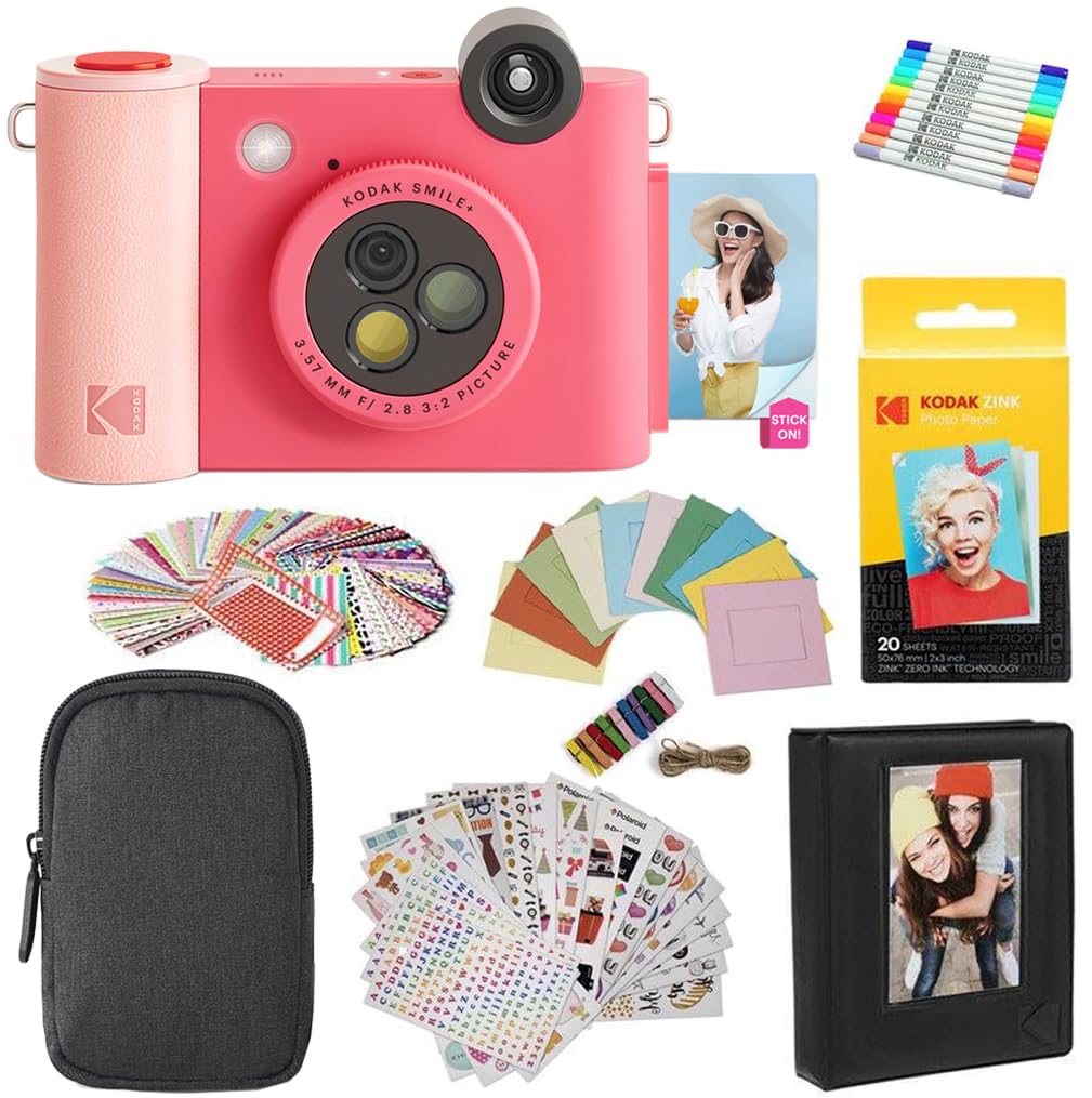 KODAK Smile+ 2-in-1 Digital Instant Print Camera & Printer Bundle with Case, 20pk Zink 2x3 Sticky Back Photo Paper, Album, Sticker Sets, Frames & Markers - Fuchsia Pink | Perfect for Travel, Parties, Scrapbooking & DIY Photo Gifts