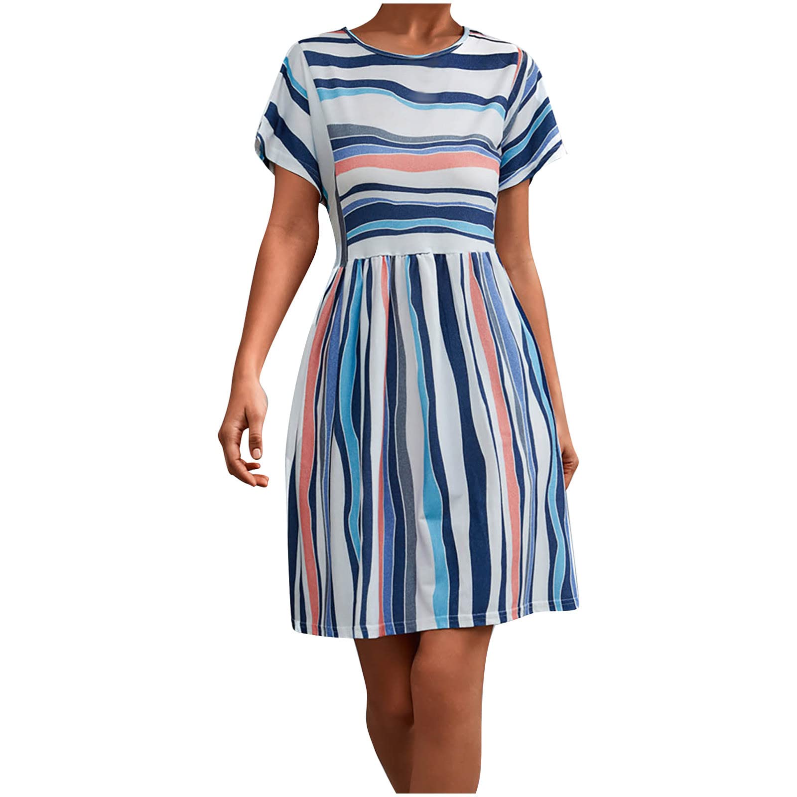 Women's Summer Casual T-Shirt Dress - Crewneck Striped Print Flare Smocked Short Sleeve Knee Length Workout Dress - Perfect for Beach, Gym, and Everyday Wear