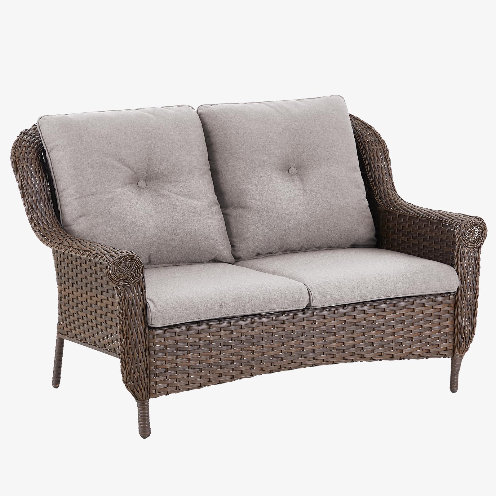 Brown Rattan Patio Loveseat with Water-Resistant Beige Cushions & Chrysanthemum Armrests - Outdoor Wicker Sofa for Garden, Balcony, Backyard & Poolside Relaxation (1PC) - Perfect for Lounging, Sunbathing & Entertaining Guests