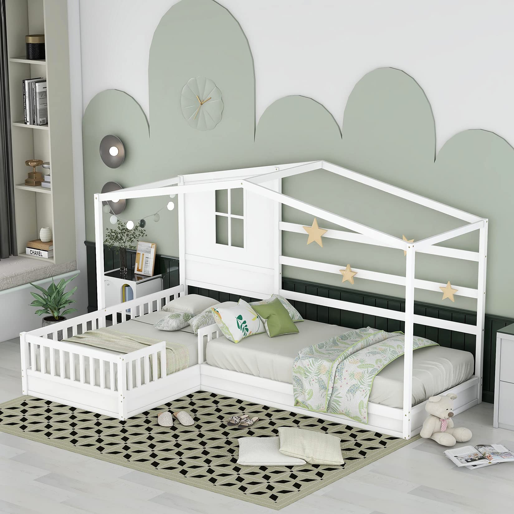 Bellemave L-Shaped Twin Bed Frame with Roof - Solid Wood Corner House Bed for Kids & Teens - Space-Saving Platform Bed for Small Rooms (White) - Perfect for Shared Kids' Bedrooms, Lofts & Cozy Spaces