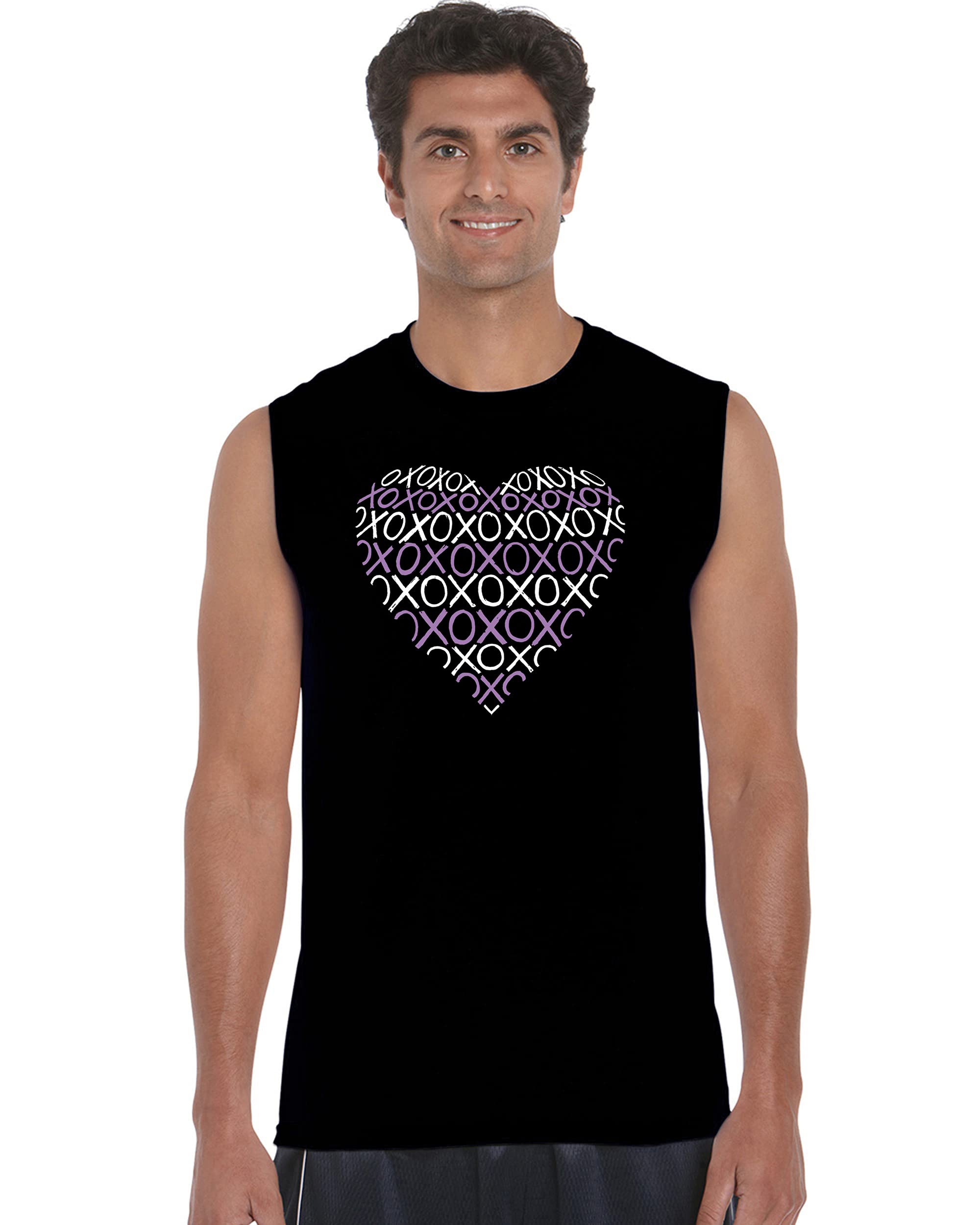 LA POP ART Men's Word Art Sleeveless T-Shirt - XOXO Heart Design Graphic Muscle Tee for Casual Wear, Gym & Summer Outfits