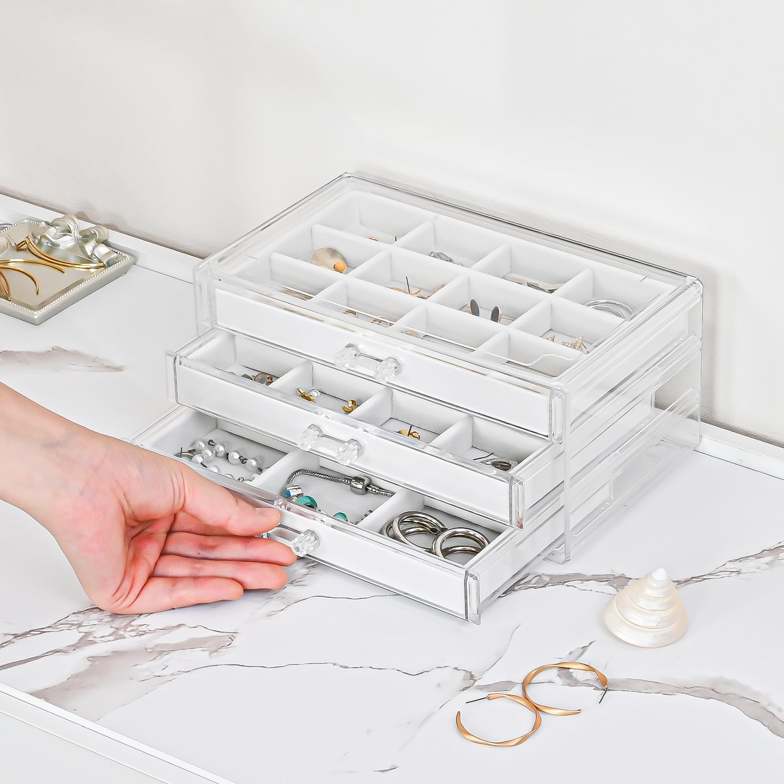 ProCase Acrylic 3-Drawer Jewelry Box with Adjustable Velvet Trays - Clear Earring Holder Organizer for Women, Warm White | Perfect for Bedroom Vanity, Travel & Gift Giving