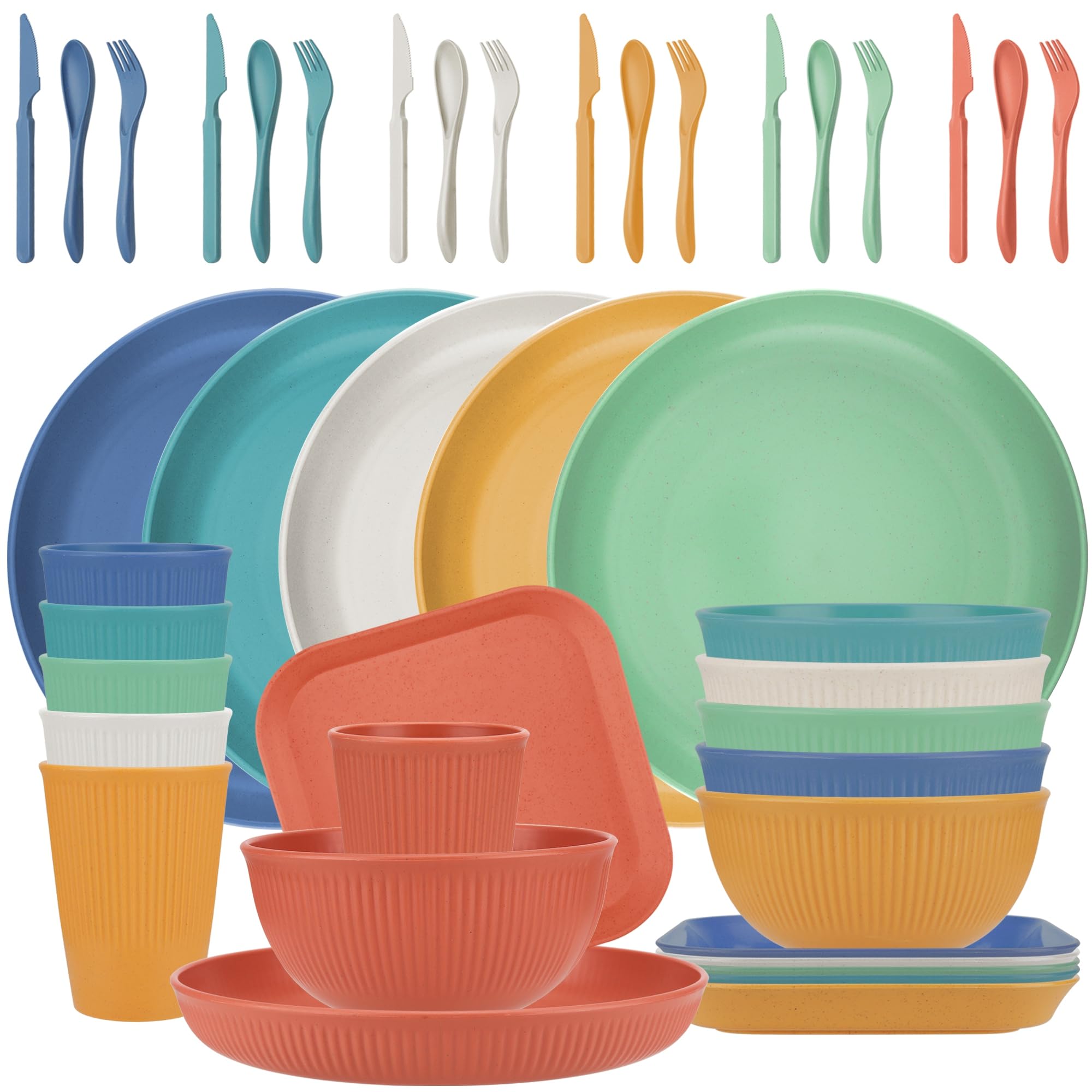 42-Piece Wheat Straw Dinnerware Set for 6 - Lightweight Unbreakable Plastic Plates & Bowls - Microwave & Dishwasher Safe - Perfect for Outdoor Dining, Picnics, and Everyday Family Meals