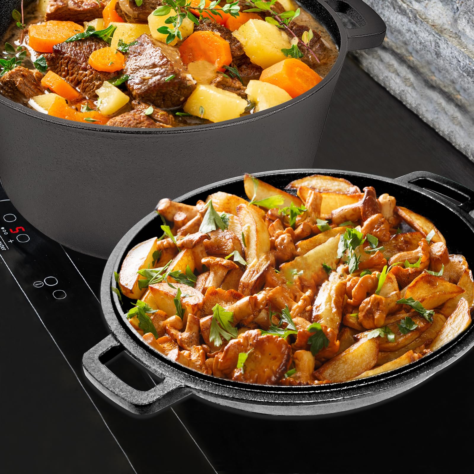 2-in-1 Pre-Seasoned Cast Iron Dutch Oven with Lid - 5.5 Quart Enameled Cookware Set for Camping, Lodge & RV - Perfect for Stews, Baking Bread & Outdoor Cooking