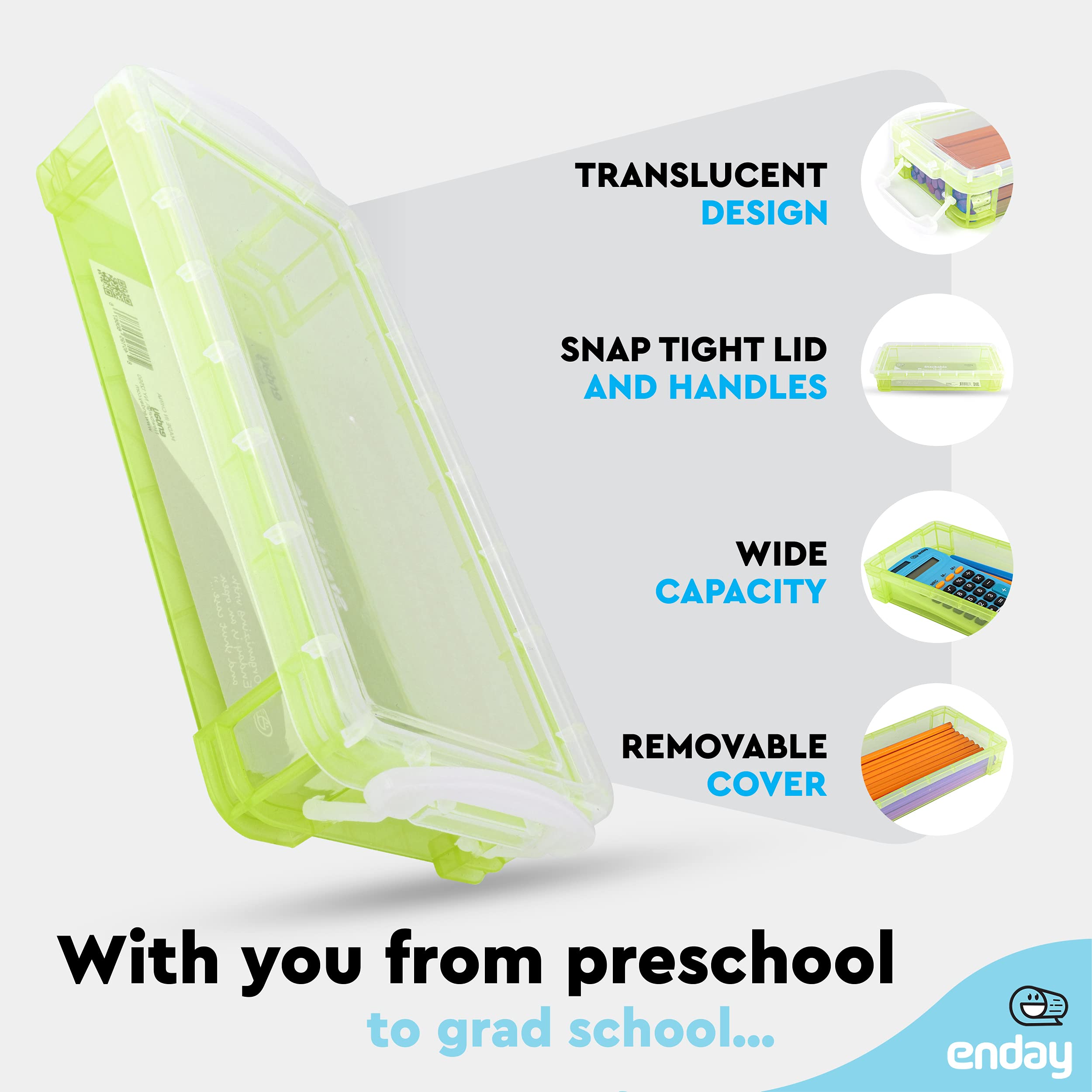 Enday Stackable Plastic Pencil Case - Large Capacity School & Office Supplies Organizer (Green, Blue, Grey, Pink, Red, Purple) - 80 Pack - Perfect for Students, Teachers & Professionals to Store Pens, Markers & Art Supplies