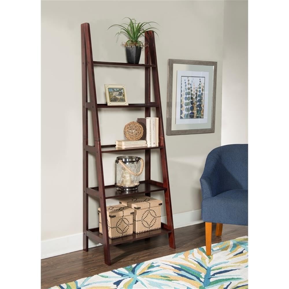 5-Shelf Transitional Wood Ladder Bookshelf in Espresso - Stylish Storage for Books, Plants & Home Decor - Perfect for Living Room, Bedroom or Office Organization