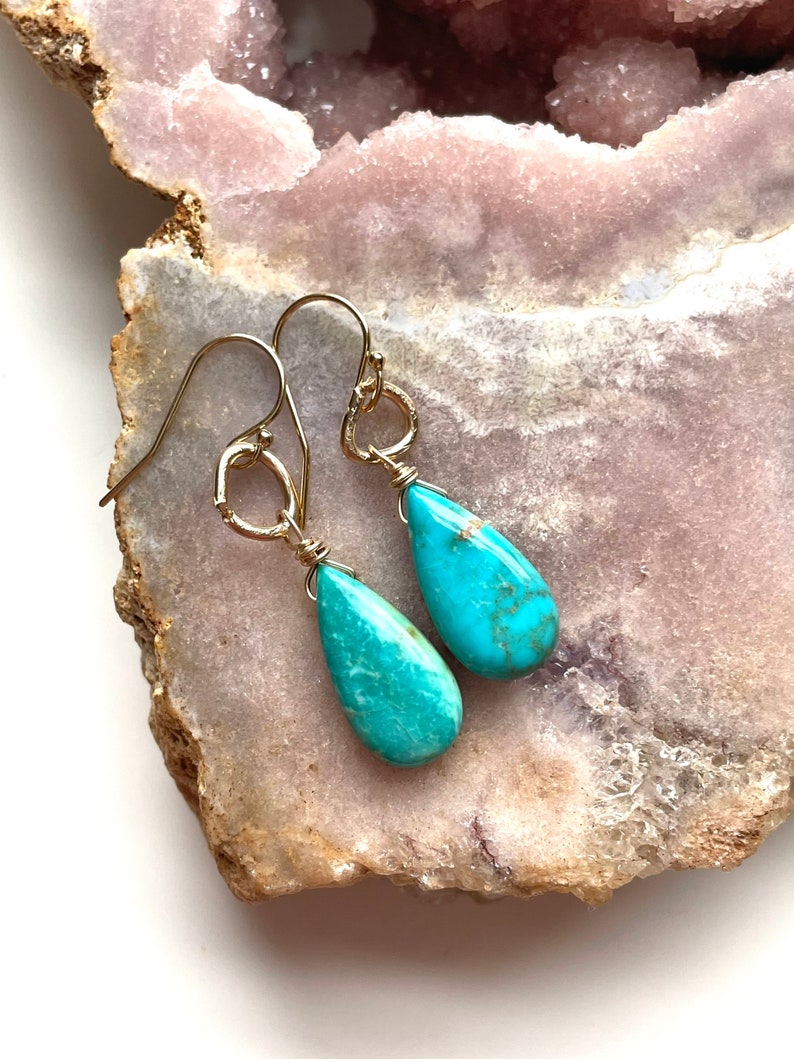 14kt Gold Filled Arizona Turquoise Earrings for Women | Genuine Handmade Dangle Hoop Earrings | Perfect for Weddings, Parties & Special Occasions