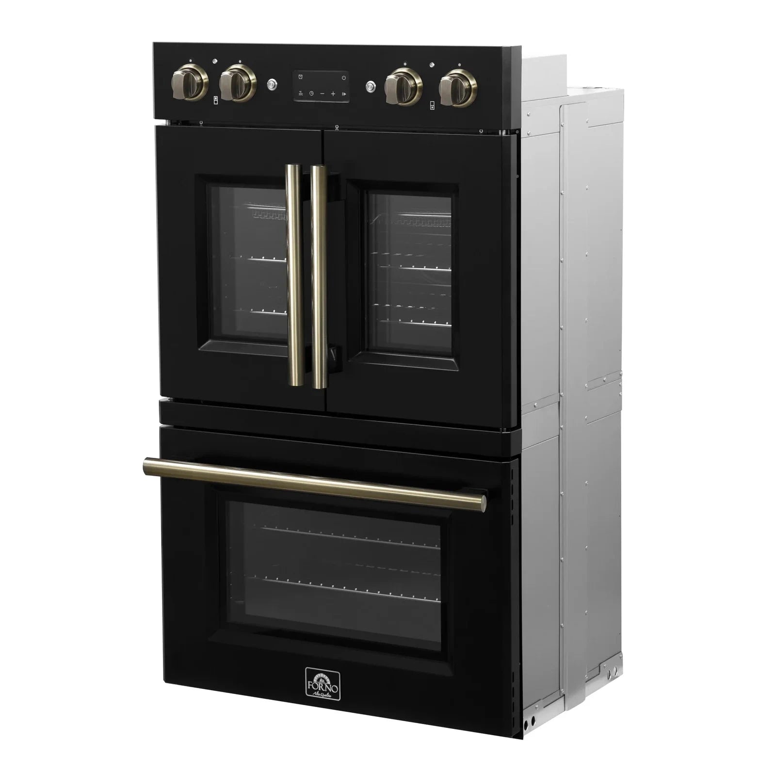 Forno Asti 30 Inch Double Electric Wall Oven with French Doors - Black Finish & Antique Brass Trim (Model FBOEL1340 30BLK) - Perfect for Modern Kitchens, Baking & Entertaining