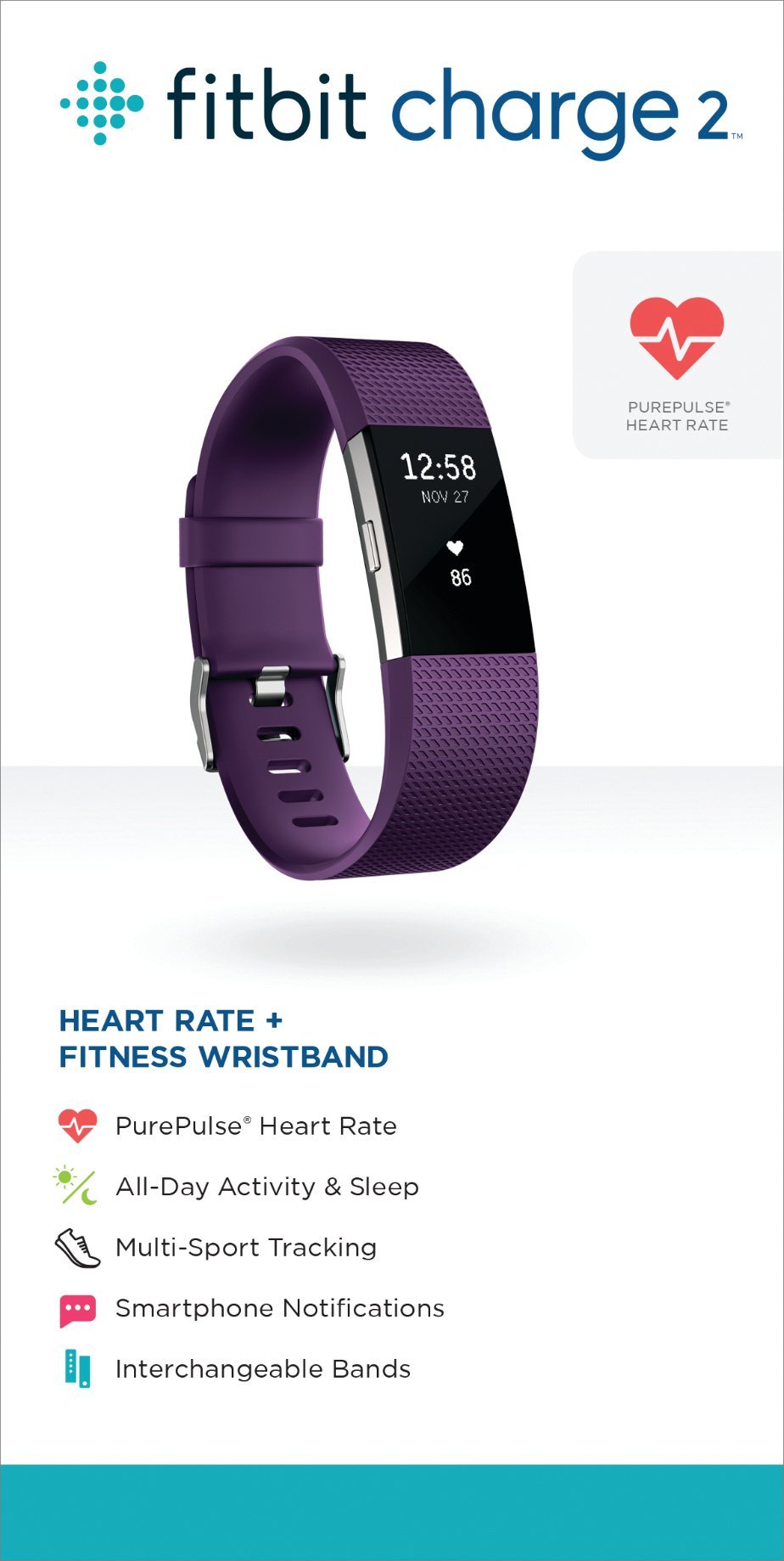 Fitbit Charge 2 Heart Rate & Fitness Tracker - Refurbished Smart Watch for Running, Swimming & Sleep Tracking - Black/Blue (Renewed)