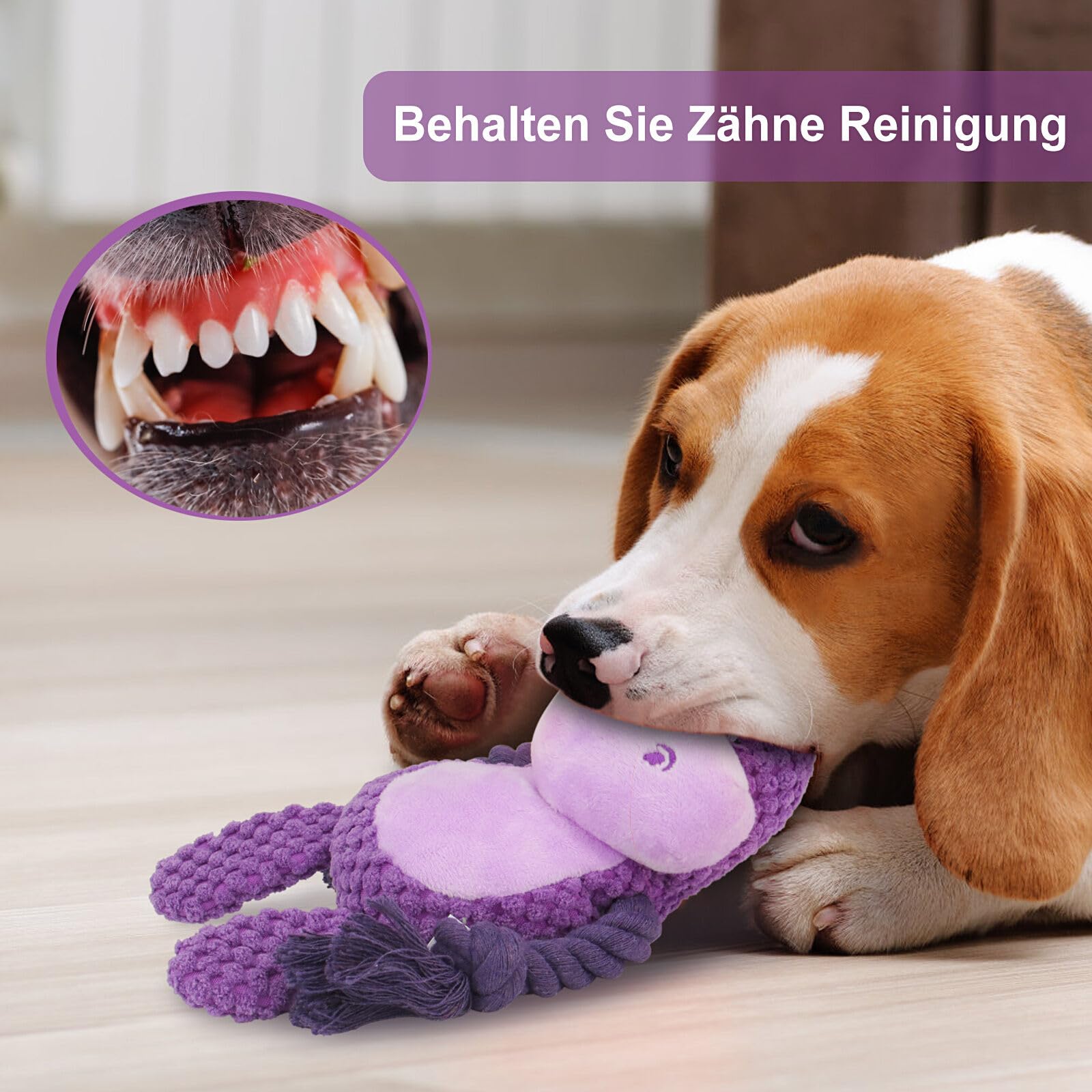 Durable Dog Chew Toys with Squeaker & Crinkle Paper - Interactive Plush Stuffed Animal & Cotton Rope Puppy Toys for Small & Medium Dogs - Purple Hippo Design - Perfect for Playtime, Training & Teething Relief
