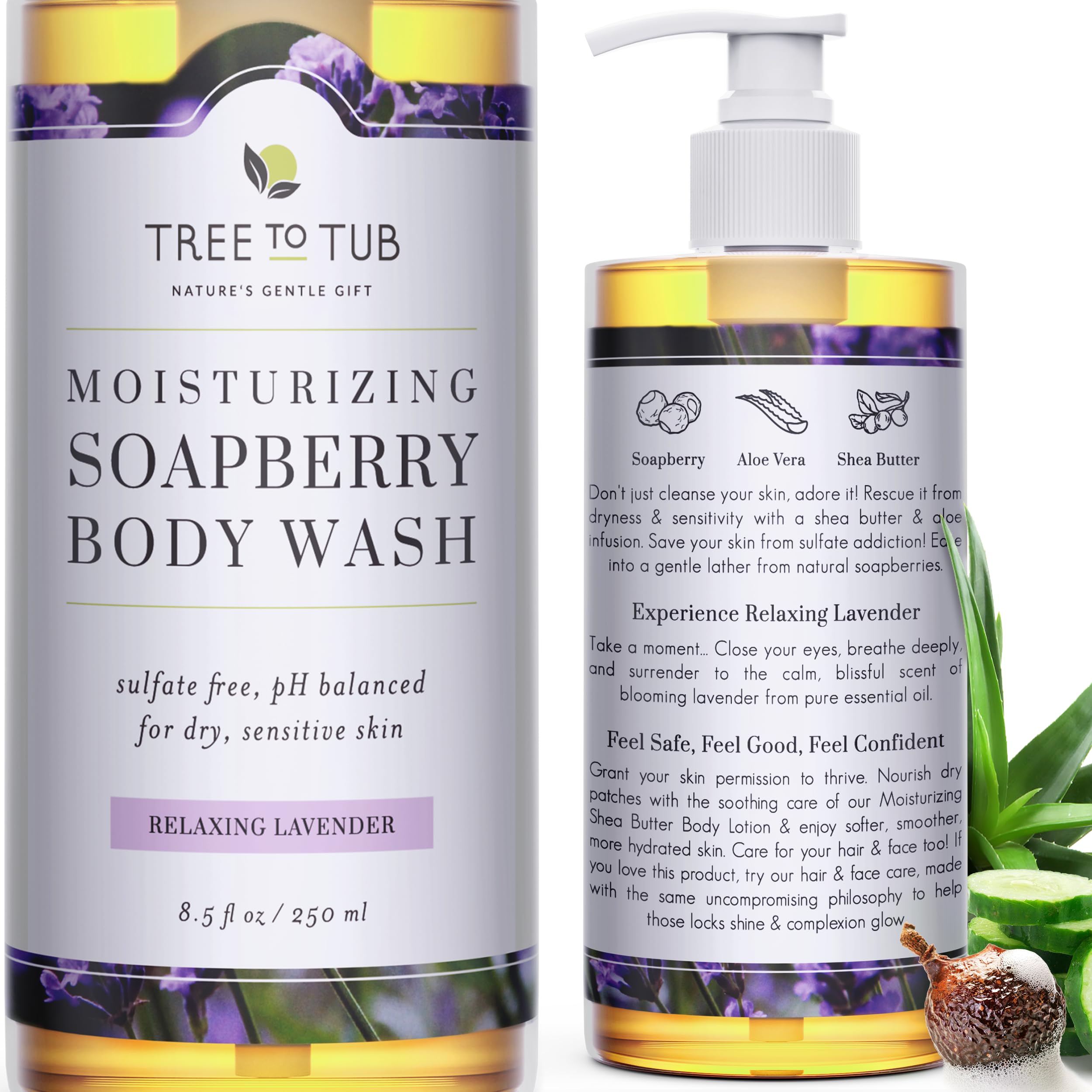 Gentle Moisturizing Body Wash for Dry & Sensitive Skin - pH 5.5 Balanced Lavender Soap with Organic Wild Soapberries (8.5 oz) by Tree To Tub | Perfect for Daily Shower, Bath Time & Relaxation