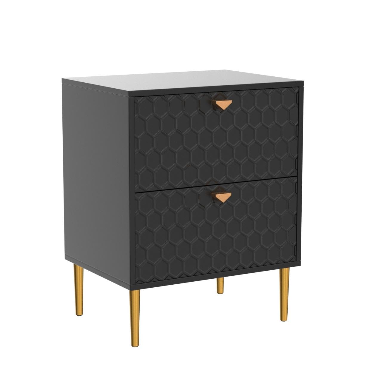 Modern Nightstand with 2 Drawers - Bedside Table with Brass Knobs for Bedroom & Living Room - Stylish Black End Table - Perfect for Storing Books, Lamps & Bedroom Essentials
