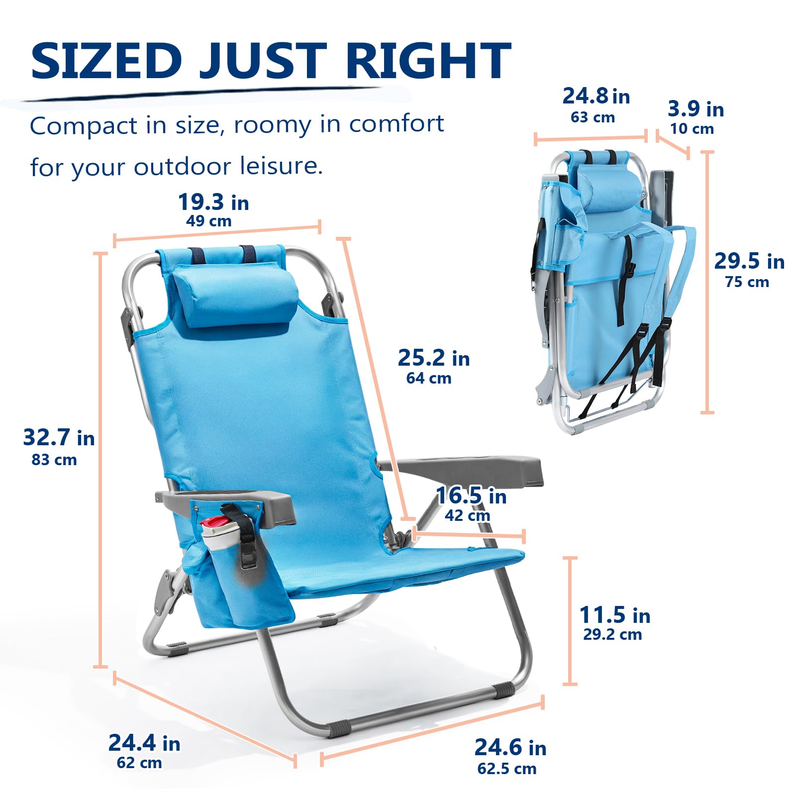 5-Position Adjustable Aluminum Beach Chair for Adults - Portable Backpack Design with Cooler Pouch, Storage Pocket, Towel Bar & Cup Holder - Perfect for Beach, Camping, Poolside & Outdoor Relaxation (Blue)