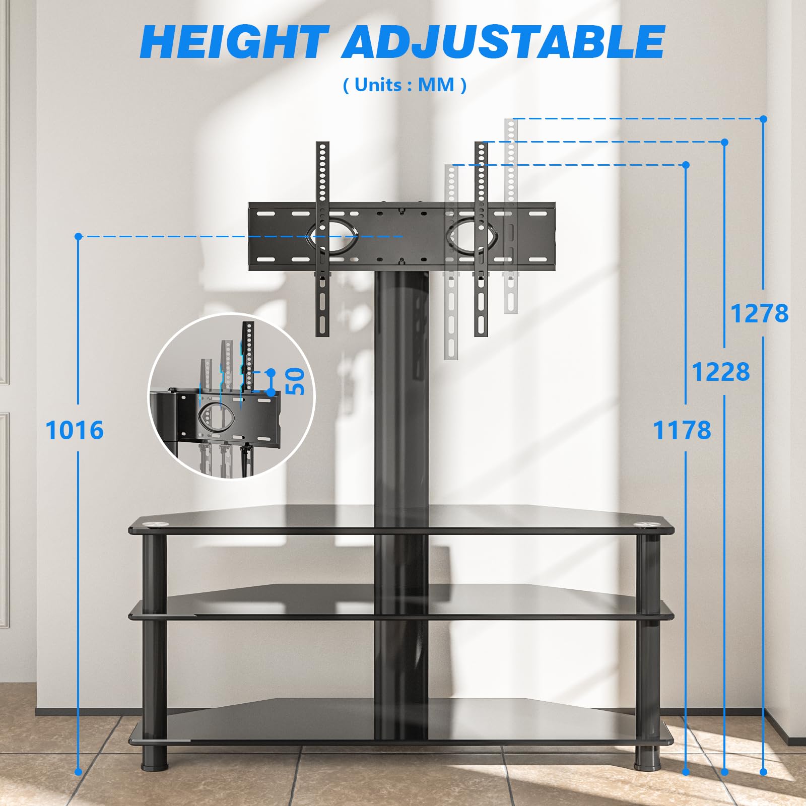 RFIVER TW1002 Adjustable Height Swivel TV Stand for 32-70 Inch LED LCD TVs - 3-Tier Shelves for Living Room, Bedroom & Home Theater Setup