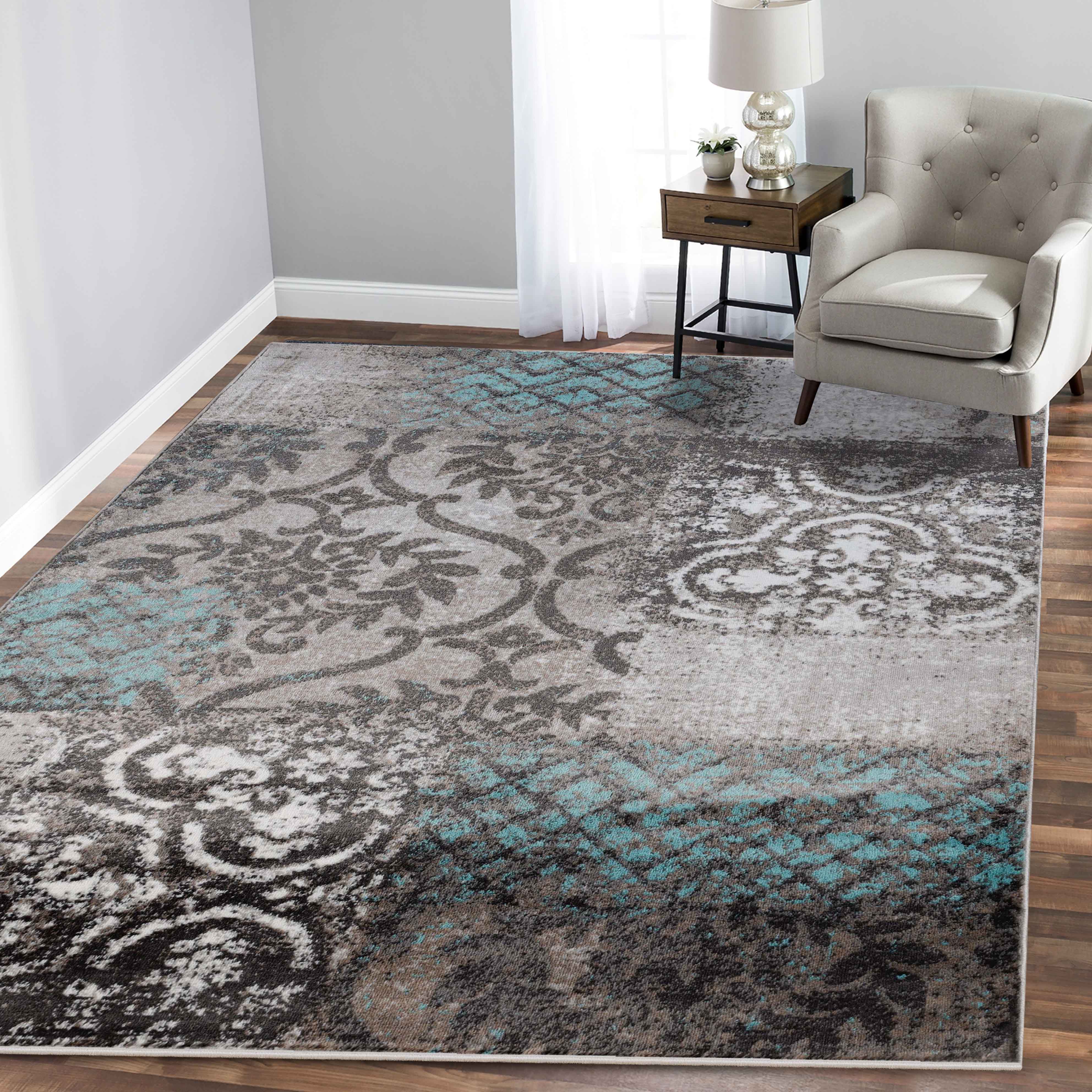 Bristol Distressed Abstract Damask Indoor Area Rug - Non-Slip Living Room Carpet Runner for Bedroom, Hallway & Entryway Decor