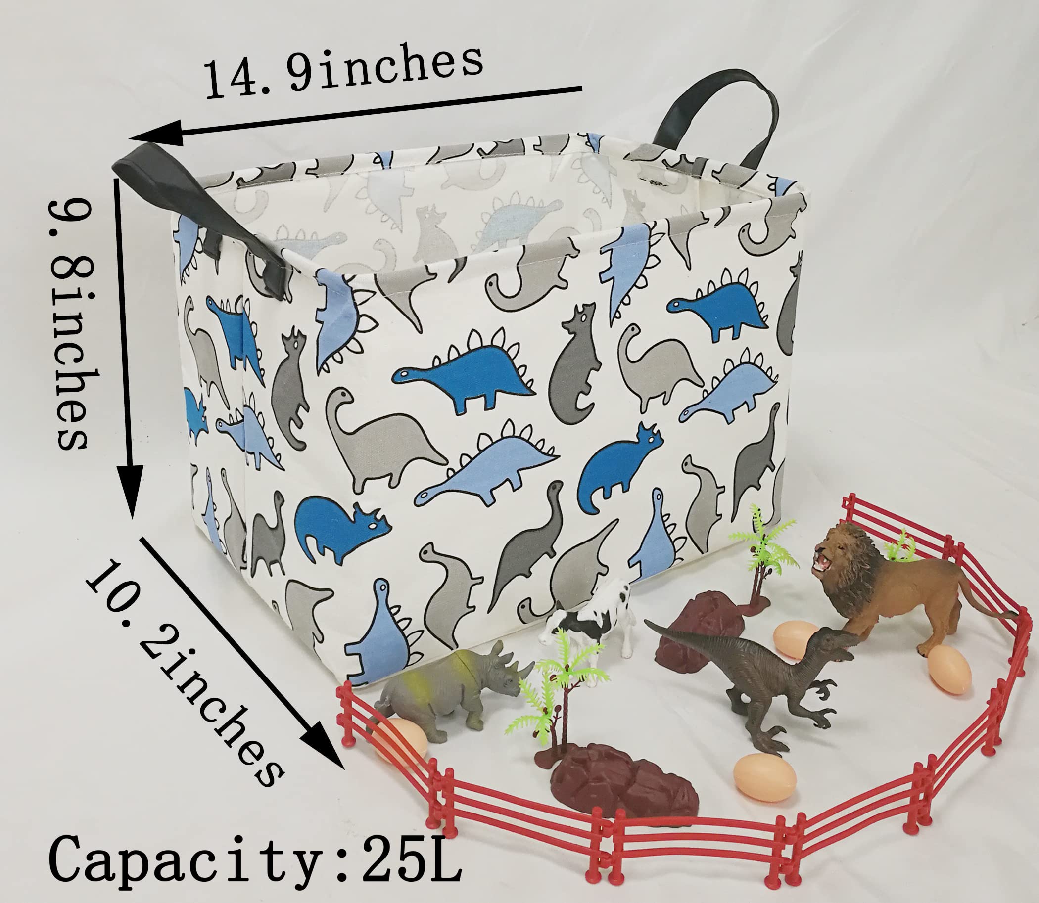 Waterproof Canvas Storage Bin with Handles - Rectangular Toy Box, Nursery Hamper & Organizer for Home & Office - Perfect for Clothes, Books & Toys (Blue Dinosaur Design) | Ideal for Kids' Rooms, Playrooms & Closet Organization