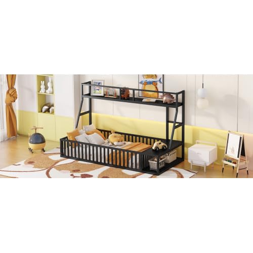 Kids Floor Bed with Safety Fence - Twin Size Metal Loft Bed with Built-in Desk & Storage Shelves for Children's Room - Black - Perfect for Small Spaces & Montessori Bedrooms