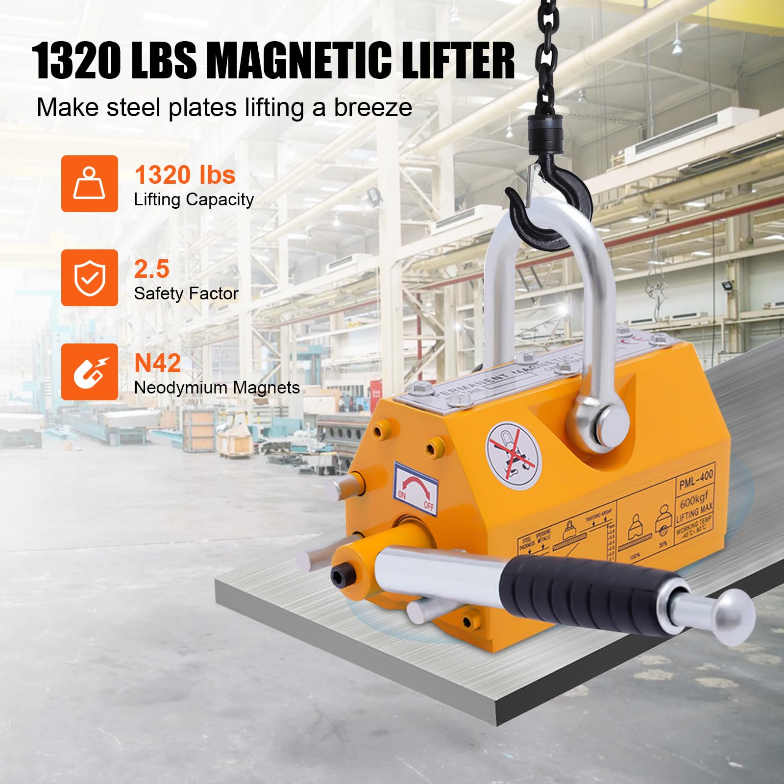 Heavy Duty Magnetic Lifter - 1320 lbs Lifting Capacity, Permanent Lift Magnet with Quick Release for Steel Handling | Ideal for Hoists, Dock Work, Shop Cranes, Construction Blocks & Wooden Boards | Industrial Strength Magnet for Metal Workshop & Warehouse Use