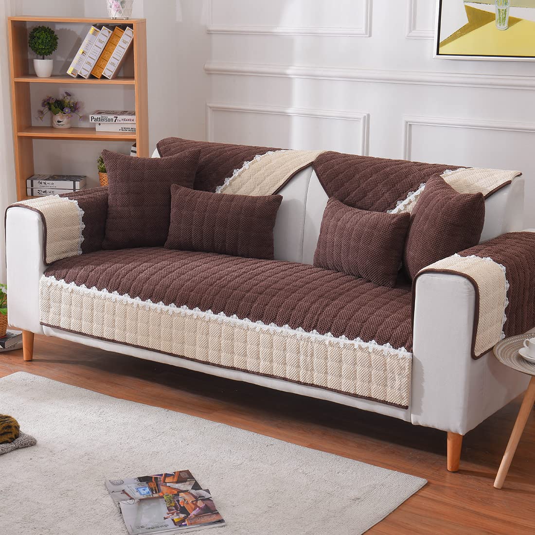 VCTOPS Soft Corduroy Sofa Slipcover - Non-Slip Plaid Sectional Couch Cover for Pets & Kids - Fits Love Seat, Recliner & L-Shaped Leather Couches (Brown, 28x47 Inches) - Perfect for Living Room, Family Room & Pet-Friendly Homes