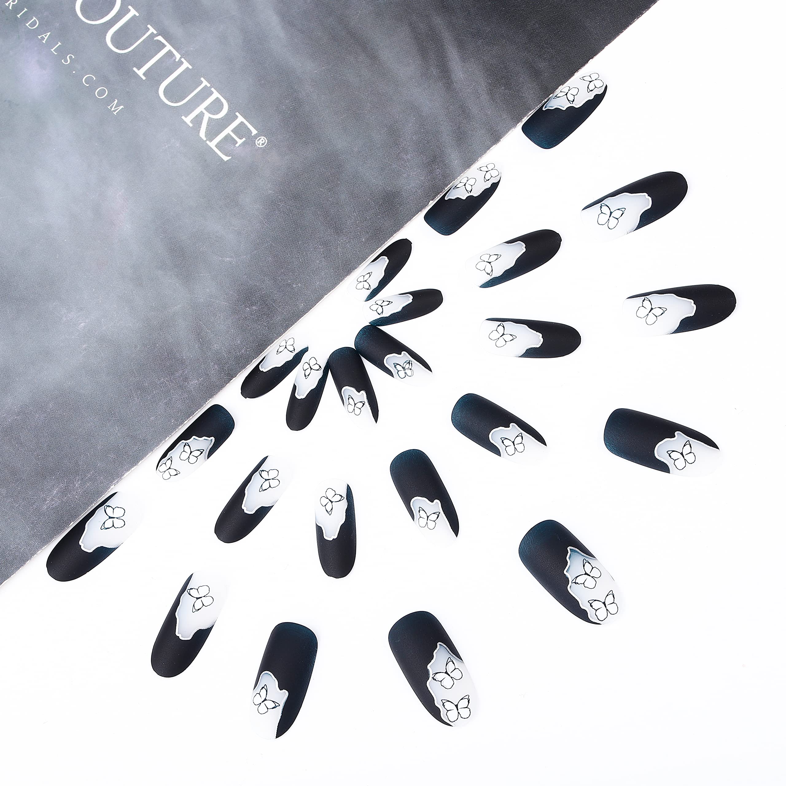 24PCS Black Matte Press On Nails Long Oval Fake Nails with Butterfly French Design - Full Cover Acrylic Nail Tips for Women & Girls | Perfect for Parties, Weddings & Daily Manicure