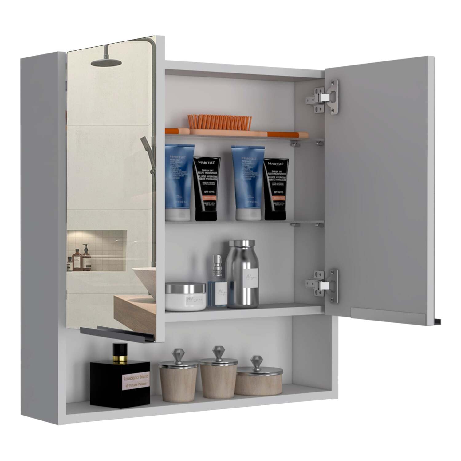 Tuhome Jaspe Mirror Medicine Cabinet with 3 Adjustable Shelves & Open Storage - White Double Door Bathroom Vanity for Makeup & Organizing