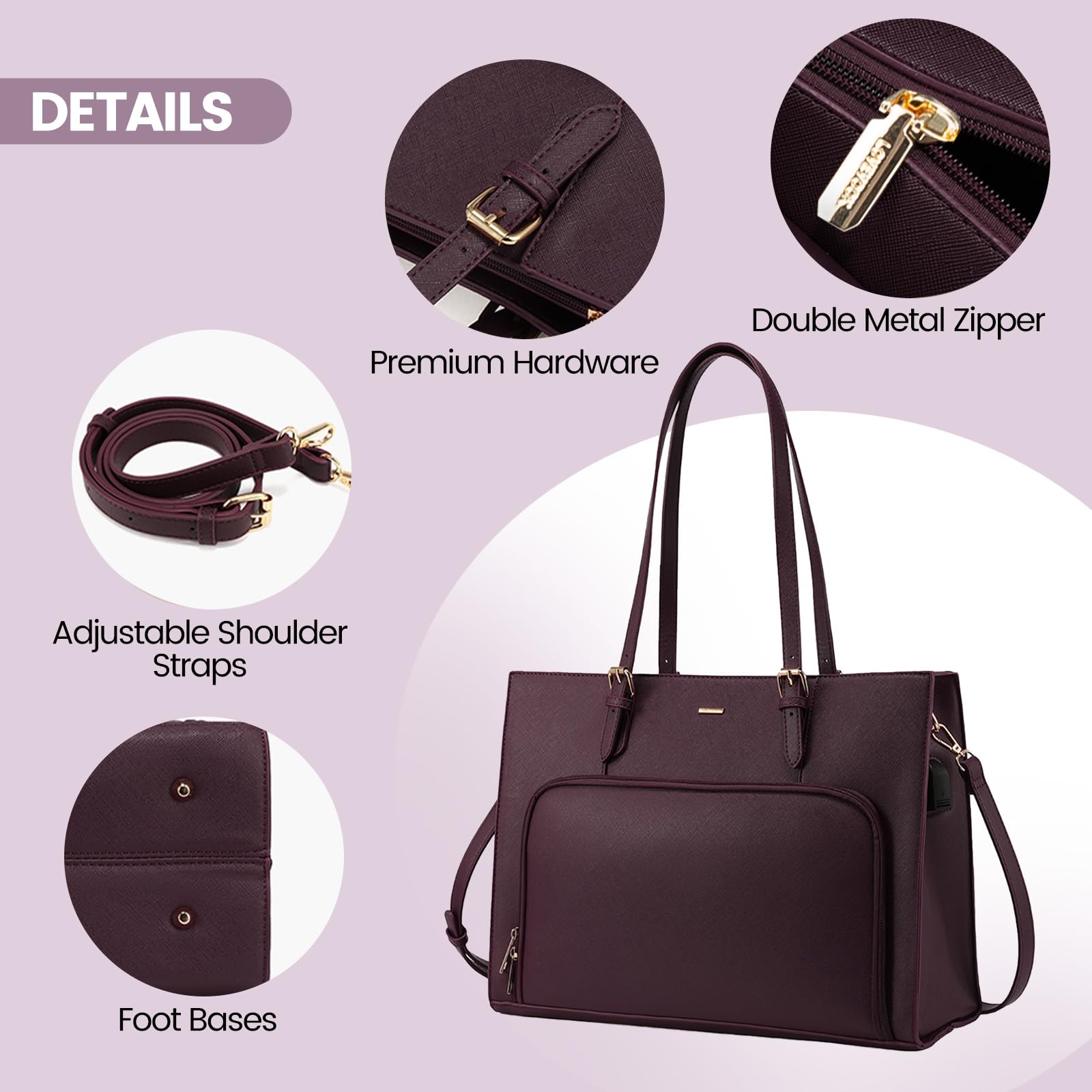 LOVEVOOK 15.6 Inch Waterproof Laptop Bag for Women - PU Leather Work Tote Briefcase with USB Charging Port, Professional Computer Shoulder Bag for Business, Travel, School & Office Use