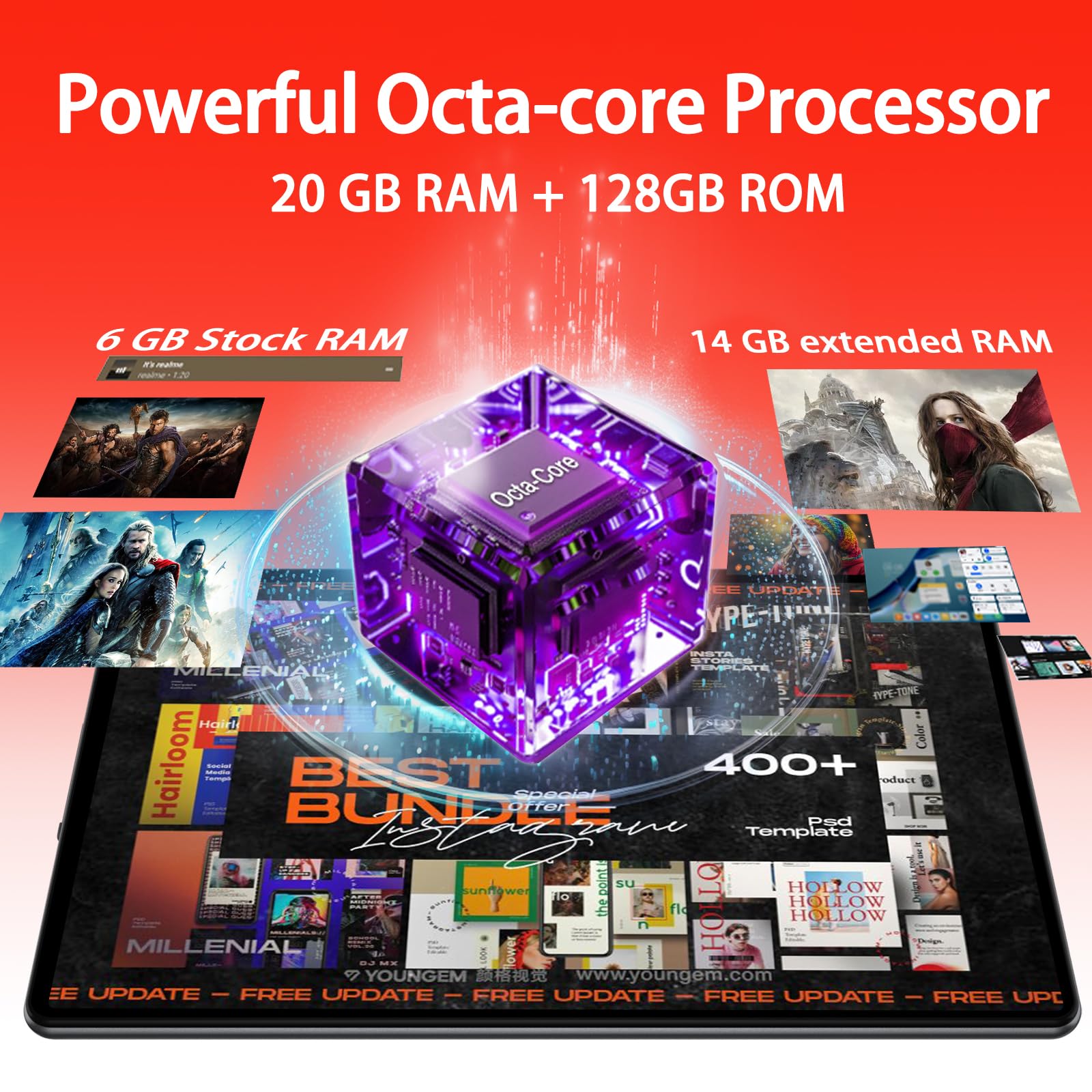 SKYEGG Android 14 Tablet 10.1 Inch - 20GB RAM 128GB ROM 1TB Expandable Storage, Octa-Core Processor, Dual Camera, WiFi 6, GPS, Bluetooth 5.0, 6000mAh Battery - Includes Keyboard & Mouse (Gray) - Perfect for Work, Study, and Entertainment
