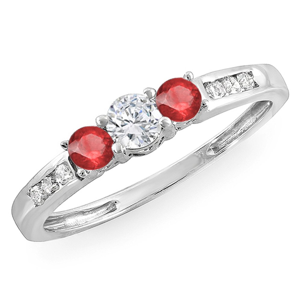Dazzlingrock Collection 10K Solid White Gold Round Ruby & White Diamond Women's 3 Stone Engagement Ring for Bridal Wedding Proposal, Anniversary Gift, Valentine's Day Present