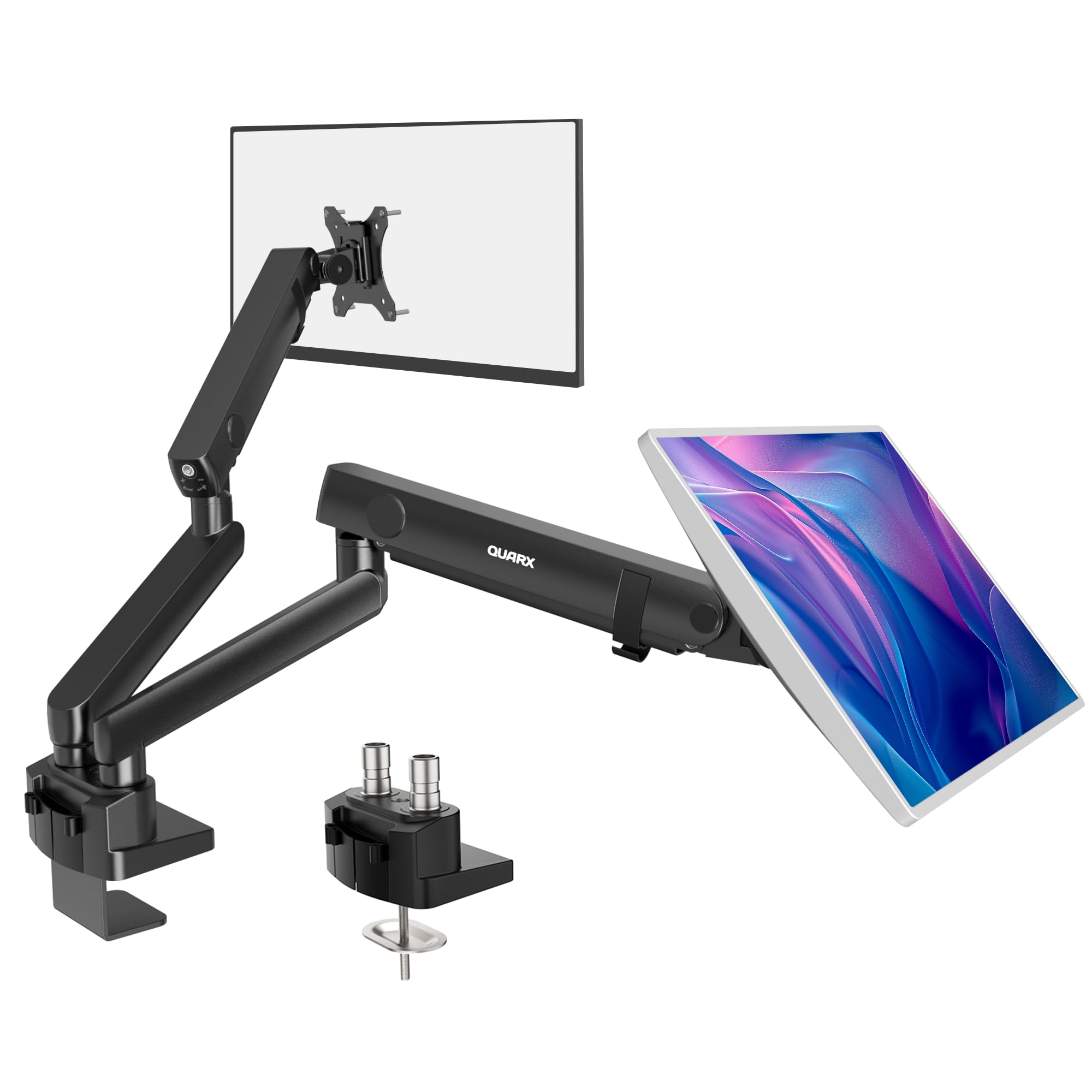 Heavy Duty Dual Monitor Stand for 17-35 Inch Ultrawide Screens - Adjustable Height VESA Mount Desk Clamp for Gaming & Office (4.4-26.4 lbs Capacity, Black) - Perfect for Multi-Tasking, Streaming & Workspace Setup