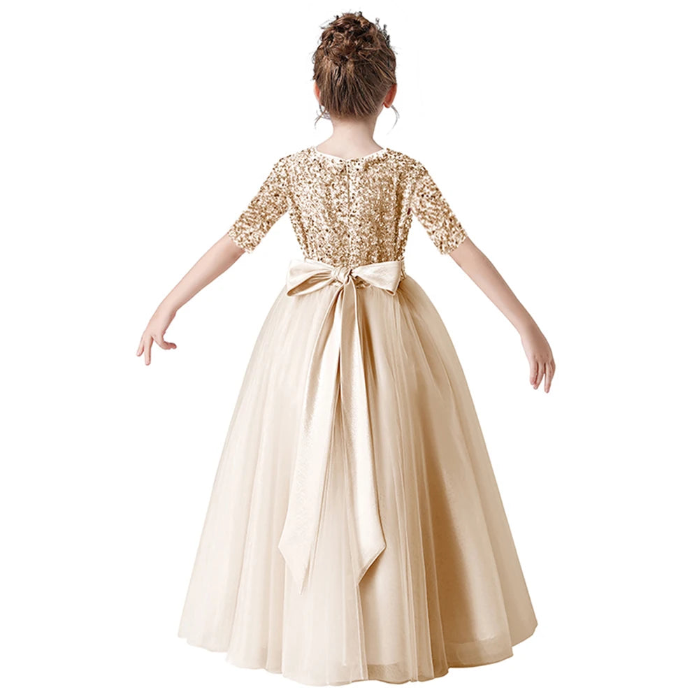 Sparkly Sequin Half-Sleeve Christmas Party Dress for Girls - Elegant Long Tulle Pageant Gown for Concerts, Birthdays & Holiday Celebrations