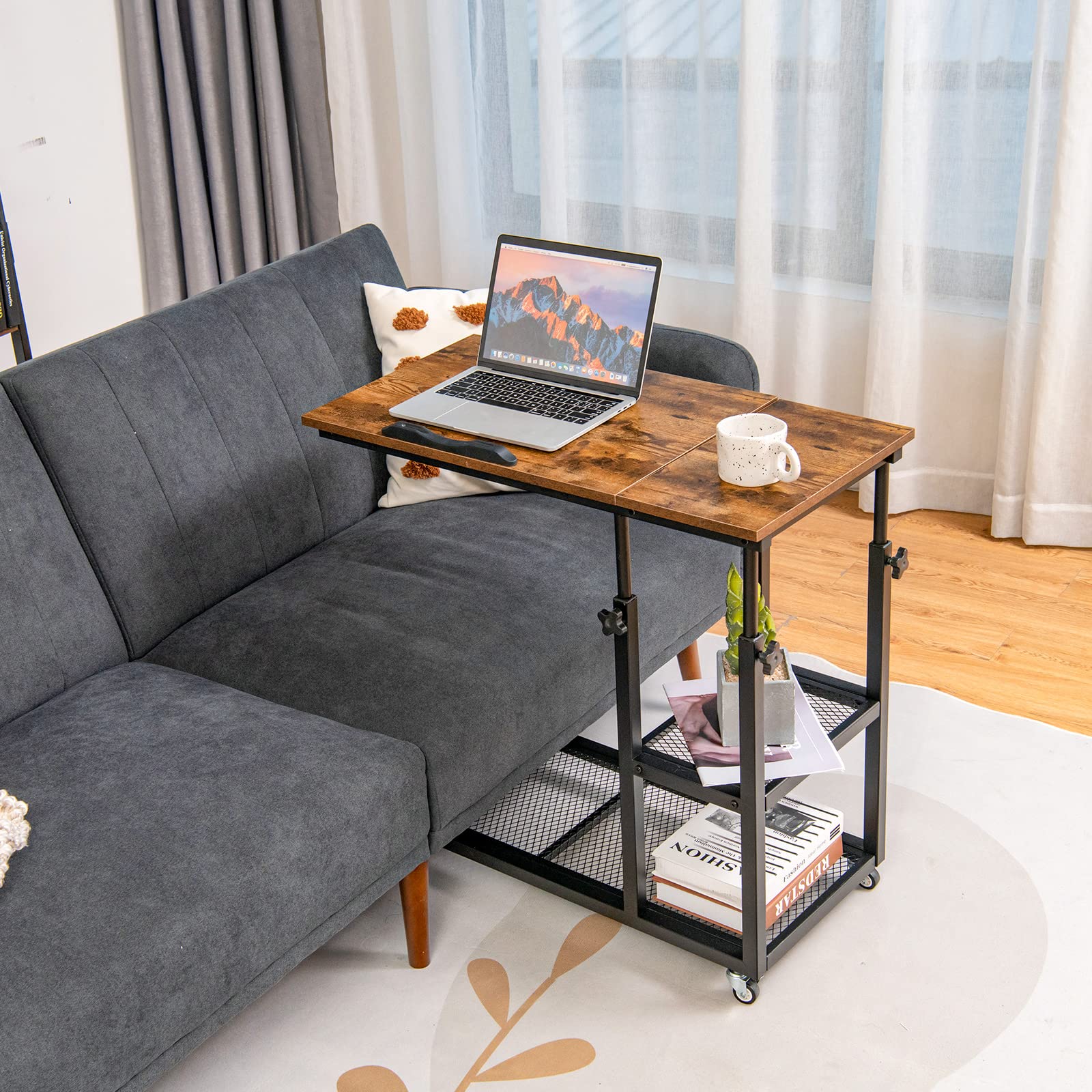 Tangkula Adjustable Height C-Shaped End Table with Lockable Wheels - Mobile Sofa Desk, Tiltable Tabletop, Storage Shelves - Perfect for Living Room, Bedroom, Home Office & Snack Table Use