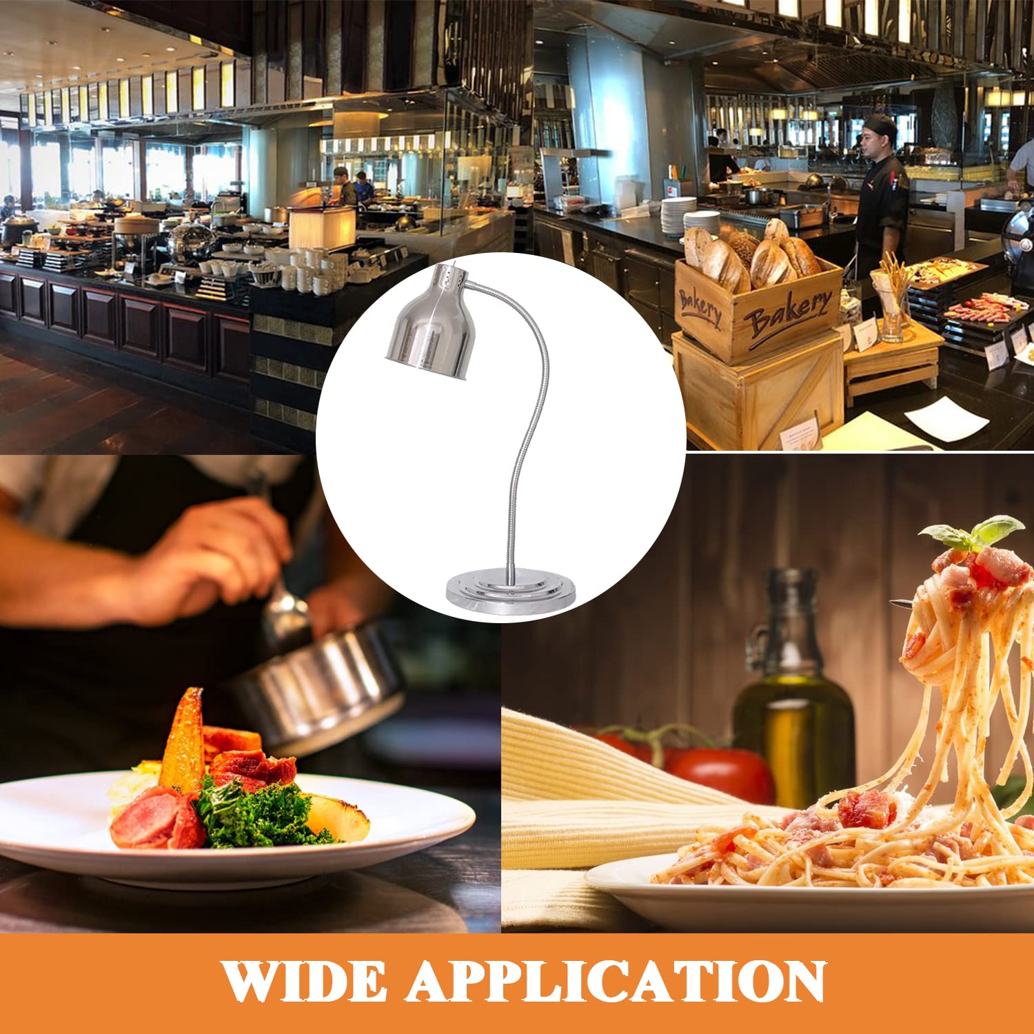 Commercial Single Bulb Food Heat Lamp - Silver Restaurant Food Warmer Light with Adjustable Arm for Buffets, Catering & Kitchen Use - Portable Heating Lamp for Keeping Meals Warm
