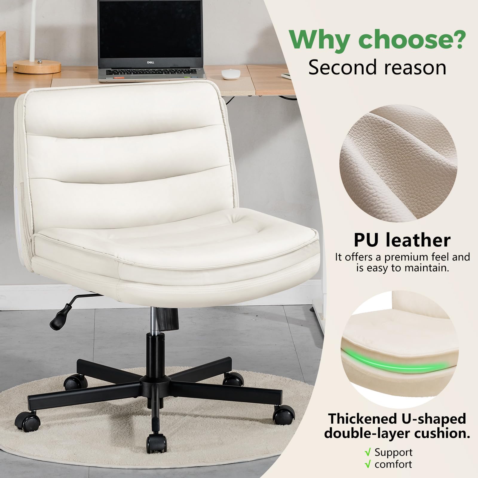 GTRACING Criss Cross Chair with Wheels - Adjustable Ergonomic Office Chair for Cross Legged Sitting, Large Seat & Back Support, PU Leather, Height Adjustable (Beige) - Perfect for Home Office, Gaming, Vanity Makeup & Meditation