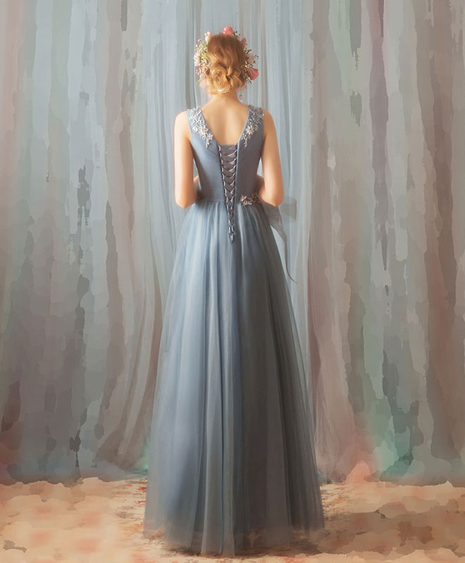 Elegant Blue V-Neck Tulle Lace Long Prom Dress for Women - Formal Evening Gown for Homecoming, Ball, Wedding & Special Occasions