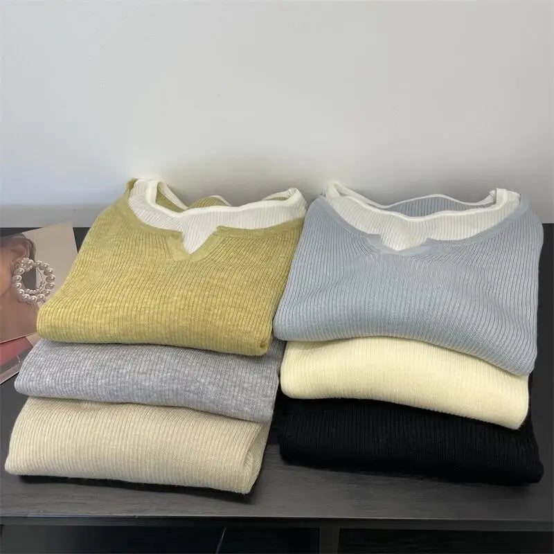 2024 New Women's French Casual Patchwork Long Sleeve Pullover Sweater - Round Neck Knitwear Top for Autumn Winter | Perfect for Holiday Gifts & Streetwear Fashion