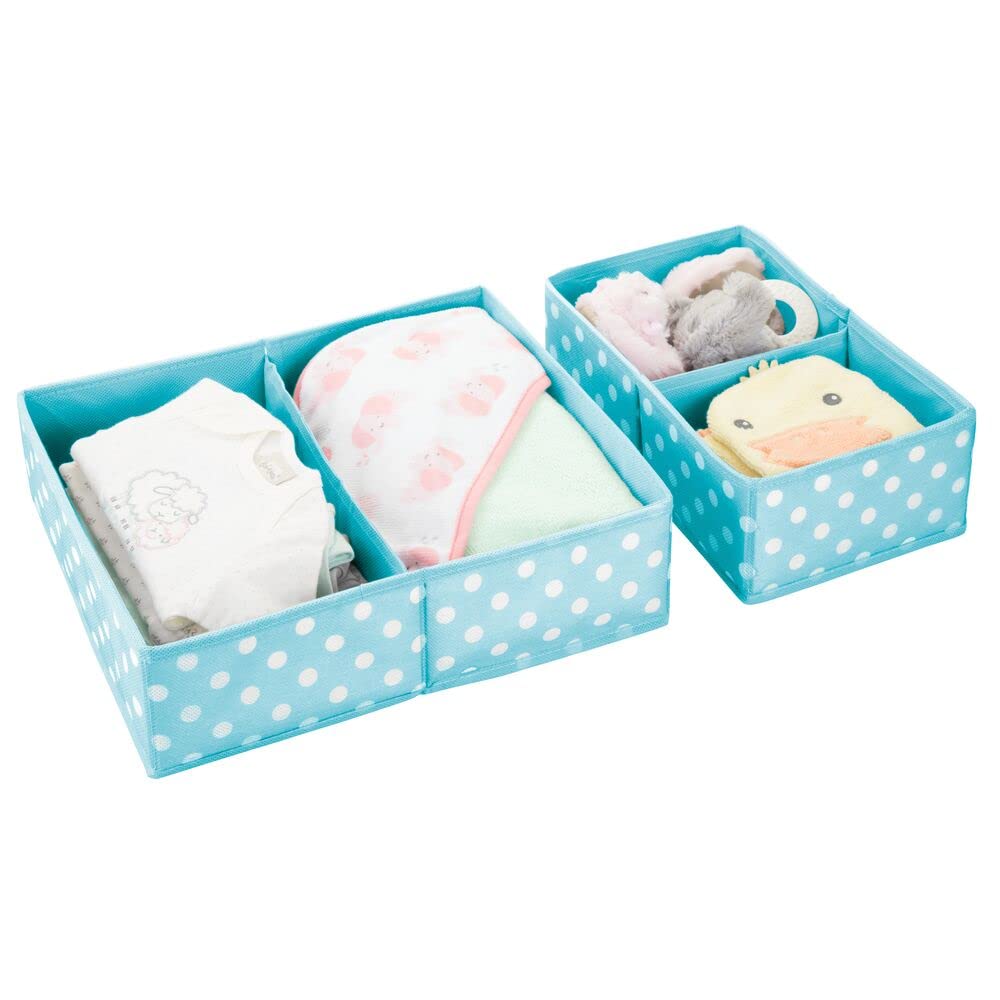 mDesign Fabric 2-Piece Drawer Organizer Bins for Kids & Baby Nursery - Dresser, Closet, Shelf & Playroom Storage Solution - Holds Clothes, Toys, Diapers, Bibs & Blankets - Turquoise Blue/White Polka Dot - Perfect for Nursery Organization & Toy Storage