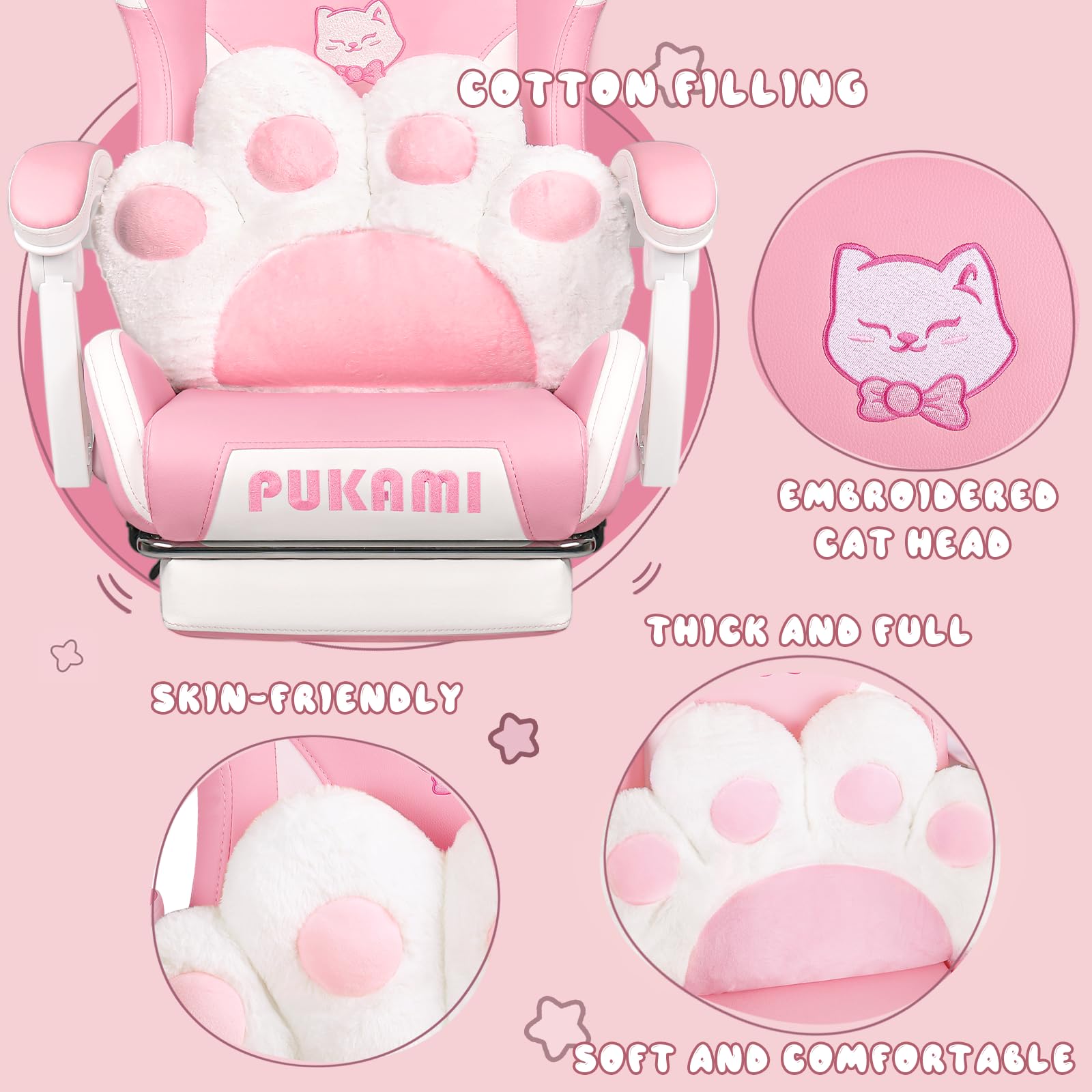 PUKAMI Pink Gaming Chair with Cat Ears & Paw Lumbar Cushion - Ergonomic Computer Chair for Women & Teens, Adjustable Footrest & Headrest, Comfortable Reclining PC Game Chair for Adults - Perfect for Gaming, Streaming & Home Office (Pink)
