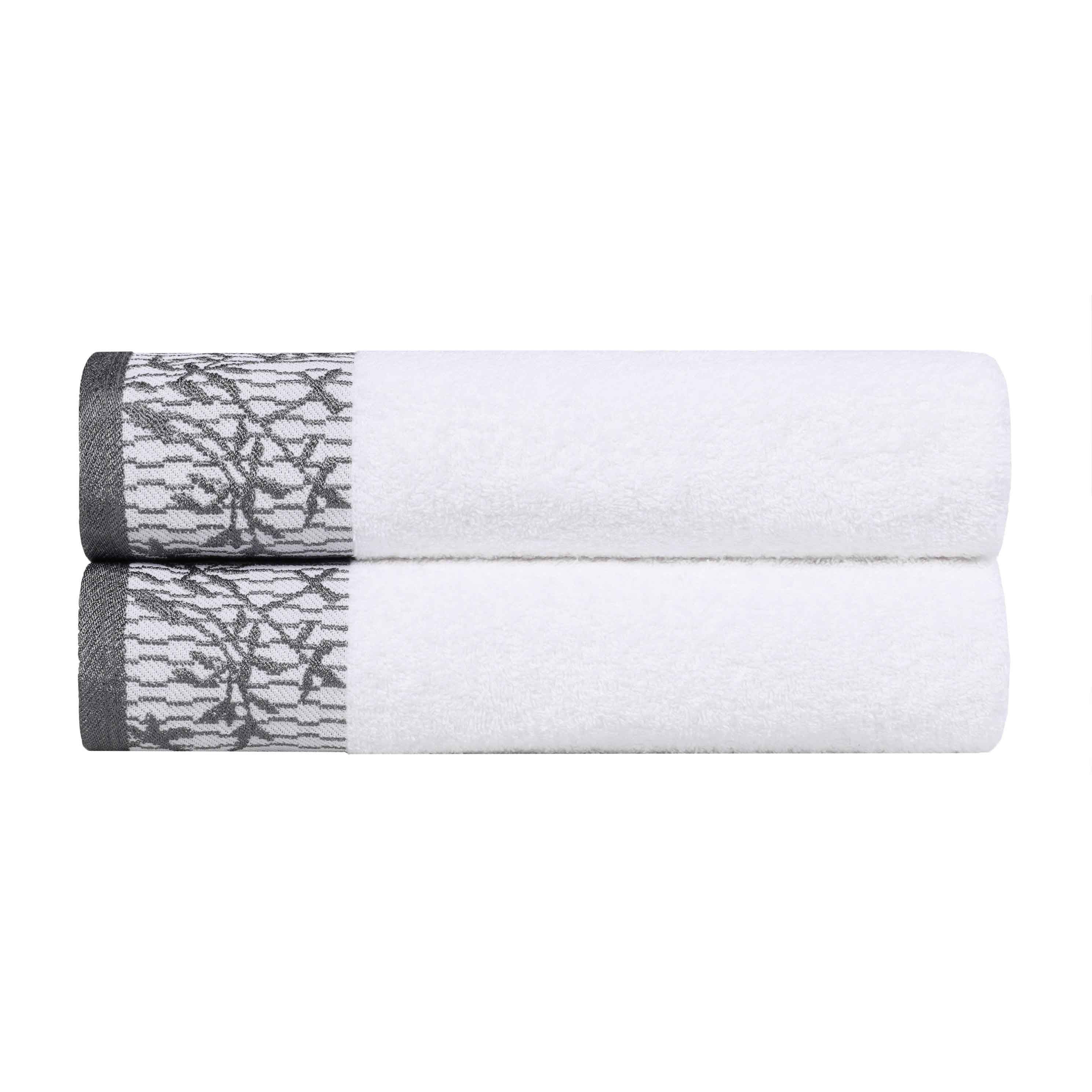 Premium Wisteria Cotton Floral Embroidered Jacquard Border Bath Towel Set of 2 - Soft Absorbent Luxury Towels for Spa, Bathroom & Guest Use