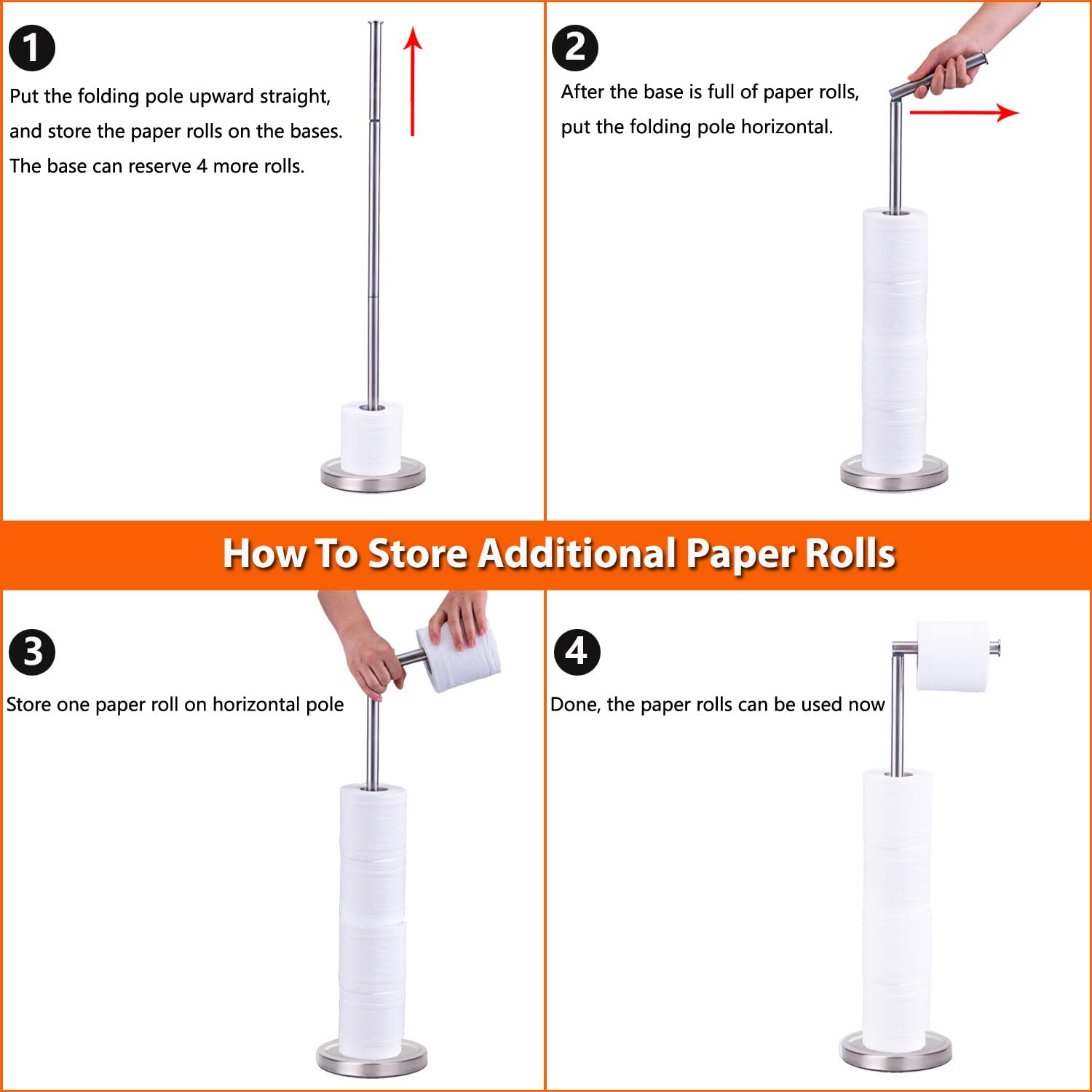 Freestanding Toilet Paper Holder Stand for Bathroom - Heavy Base Storage Organizer Holds 4 Rolls - Brushed Nickel Finish | Perfect for Small Bathrooms, RVs, and Guest Toilets